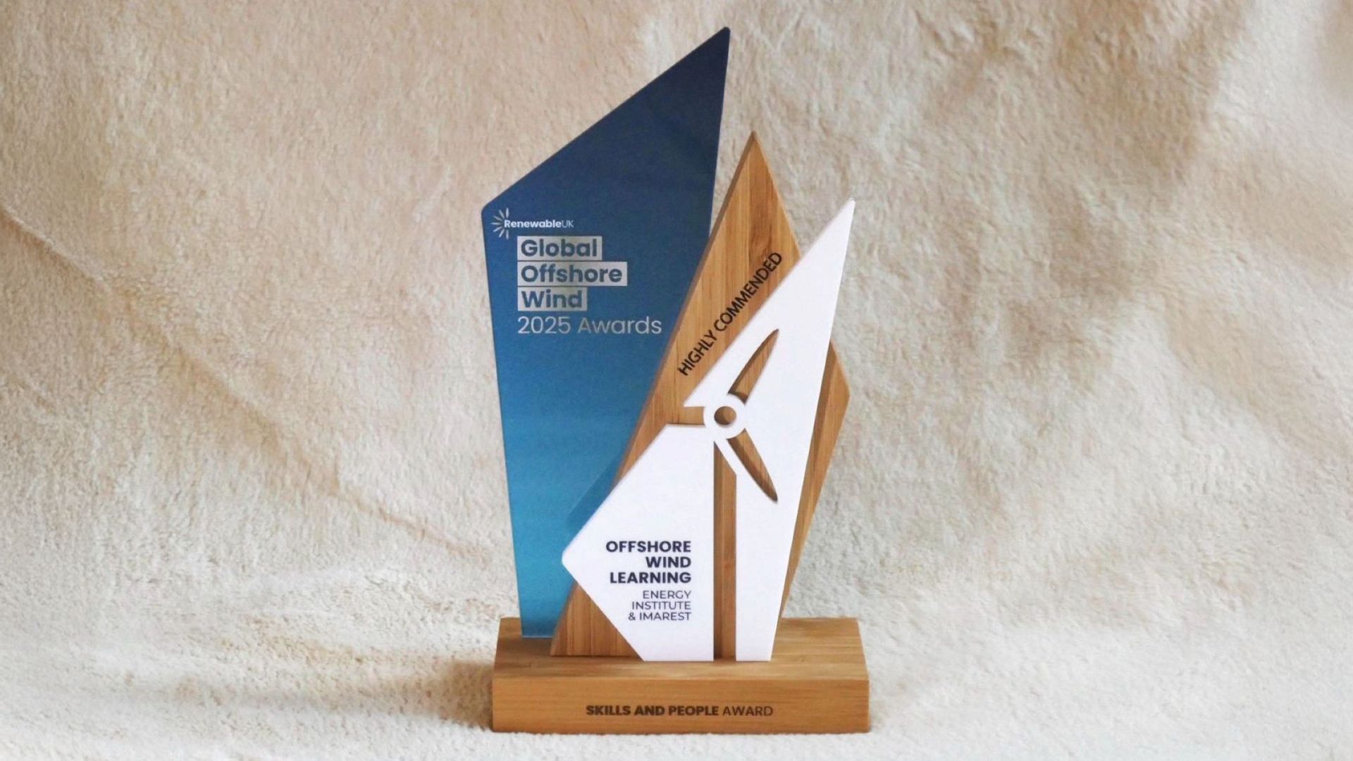 Photo of award on wooden base, standing on fluffy cream fabric with same fabric as background