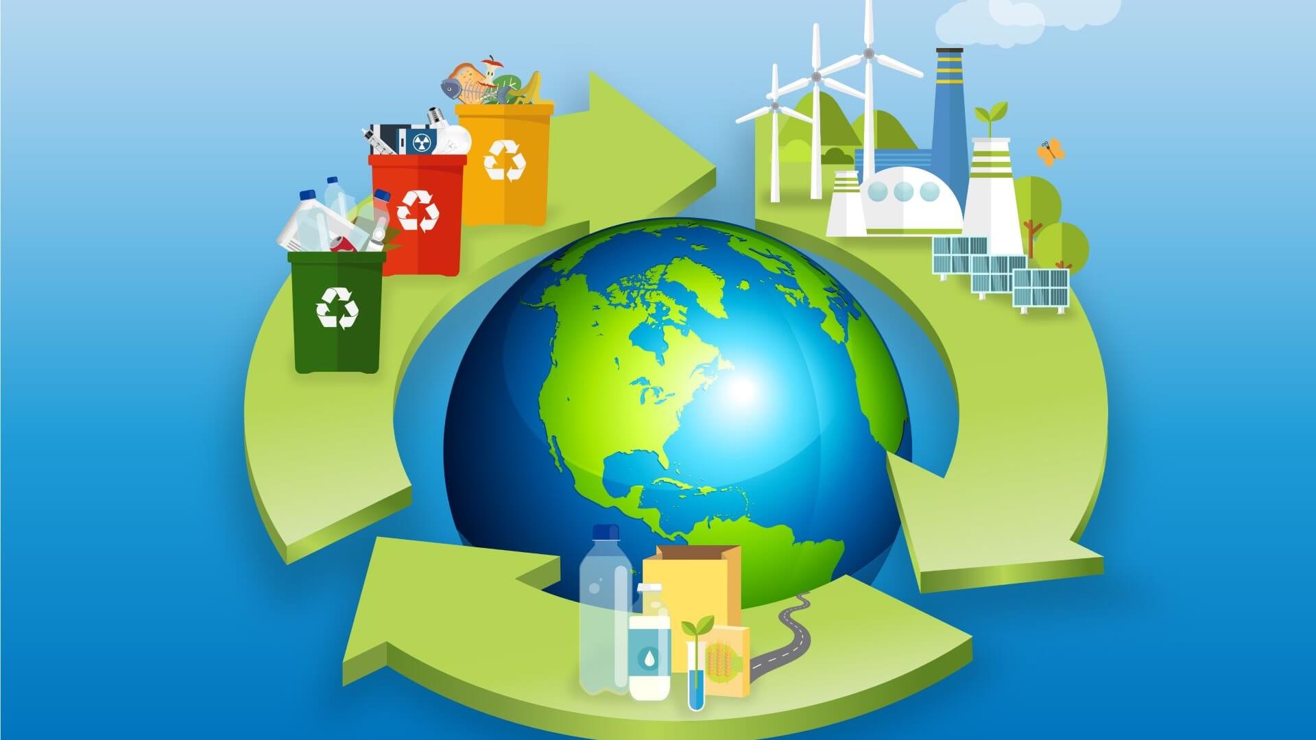 graphic of earth globe circled by three arrows to indicate role of sustainable biomethane in circular economy 