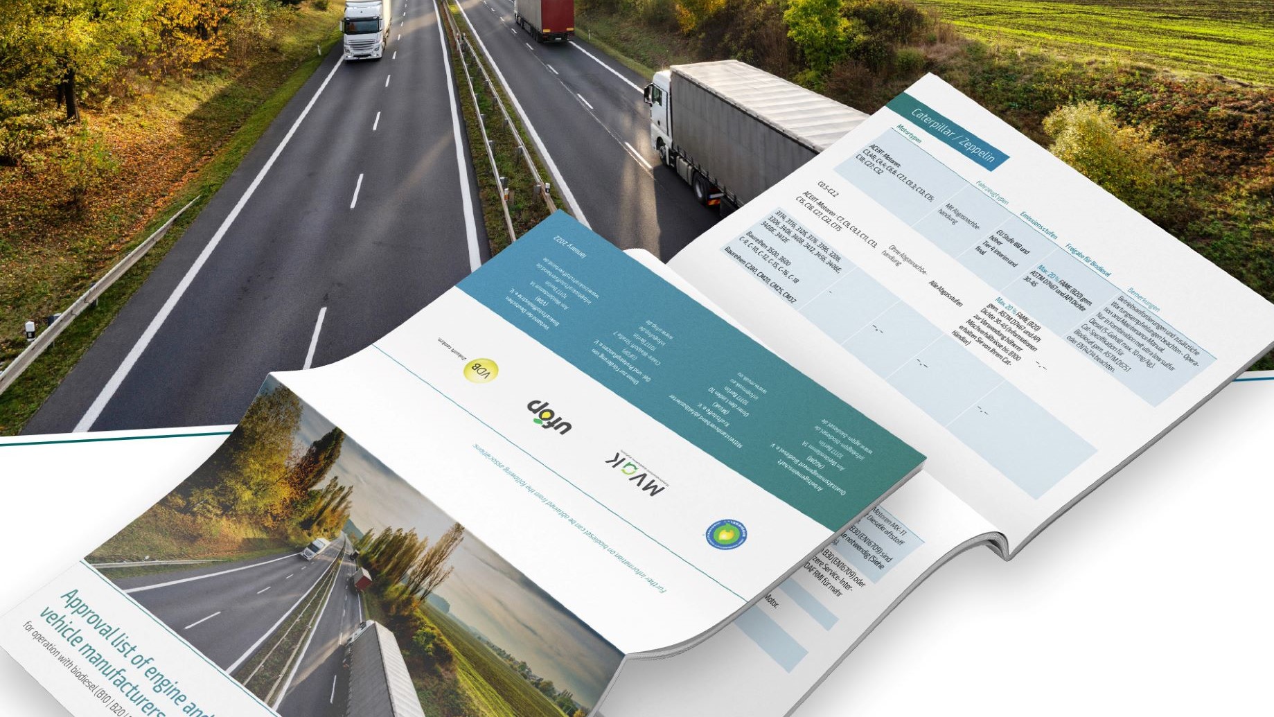 biodiesel document list superimposed over trucks driving along road
