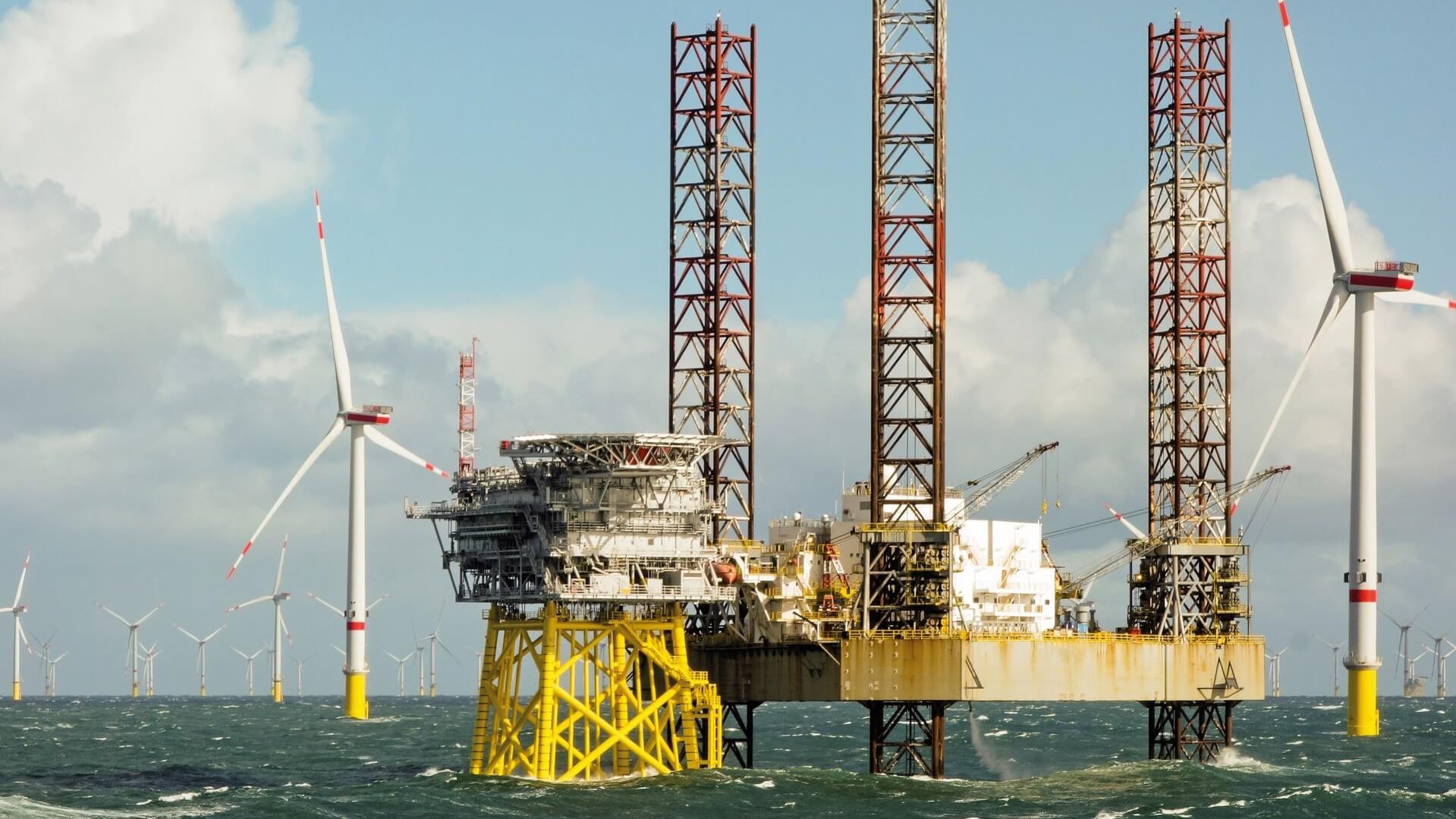 Oil rig and offshore wind turbines