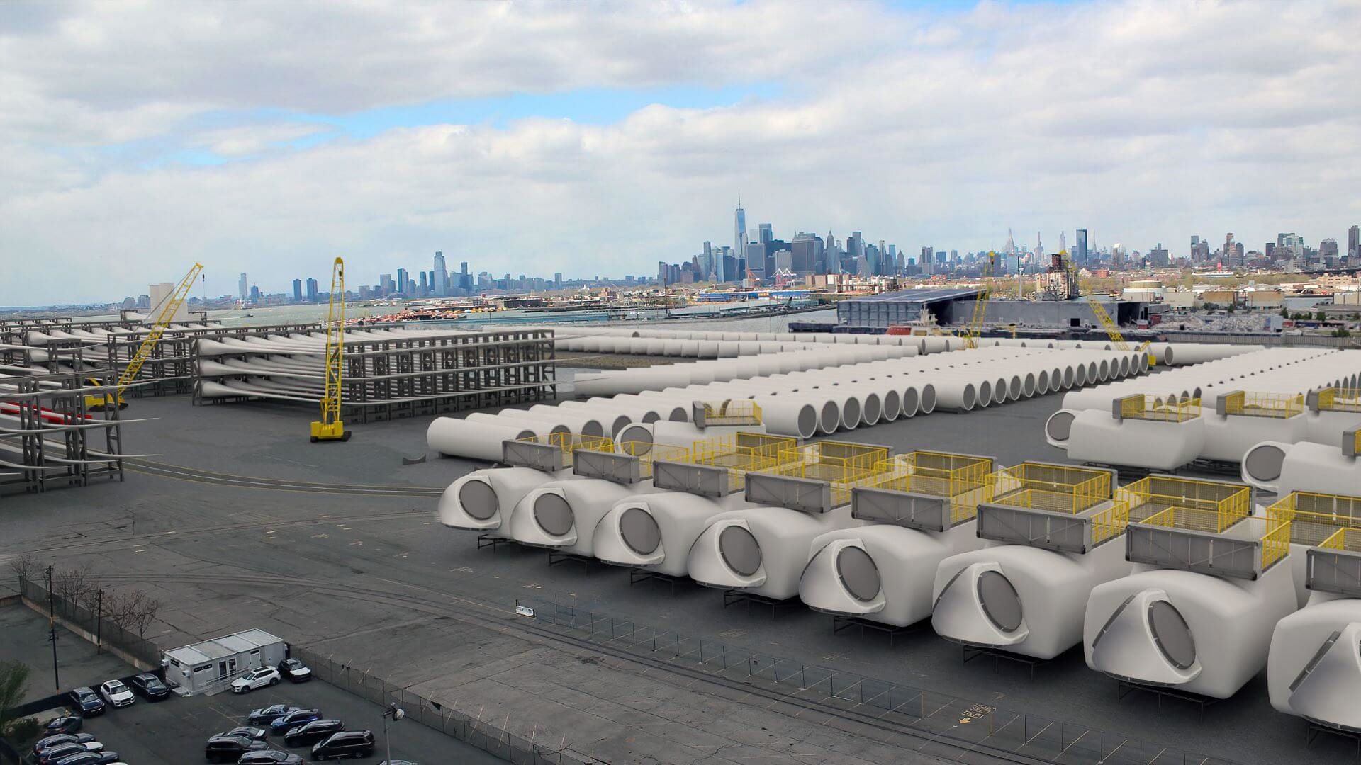 Wind turbine staging operations with the Manhattan skyline in the background (artistic rendition, not final)