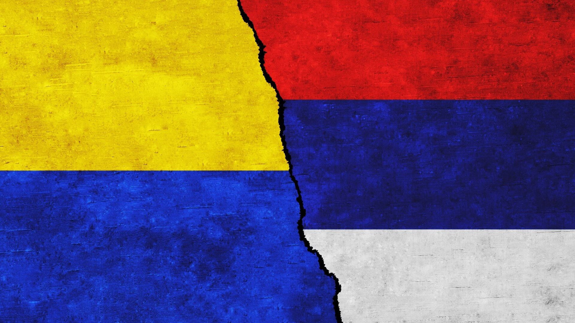 graphic with Ukraine flag on left and Russian flag on right