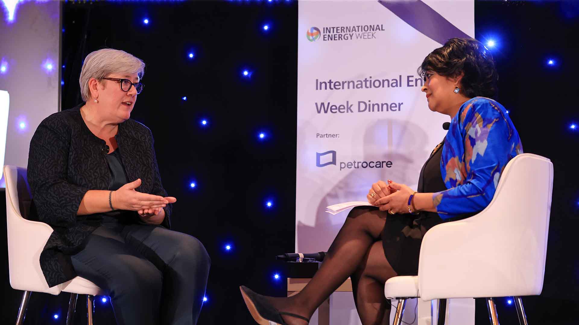 Rachel Kyte CMG, Dean of the Fletcher School at Tufts University in Boston, former UN Sustainable Energy Envoy (left) talking to long-time BBC World TV news anchor and international moderator Keshini Navaratnam during International Energy Week 2022