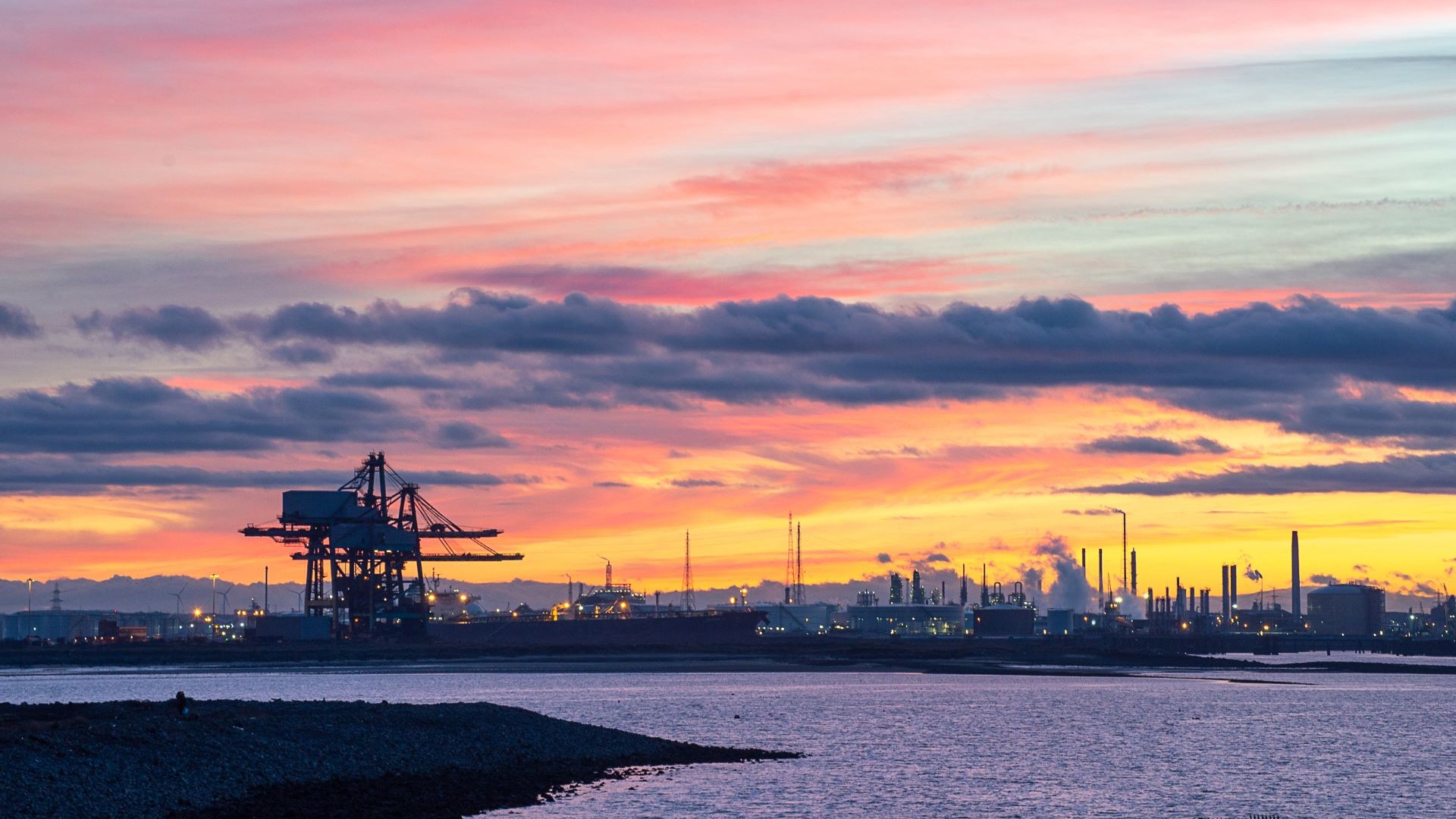 Teesside industry in distance, set against sunset skyline backdrop