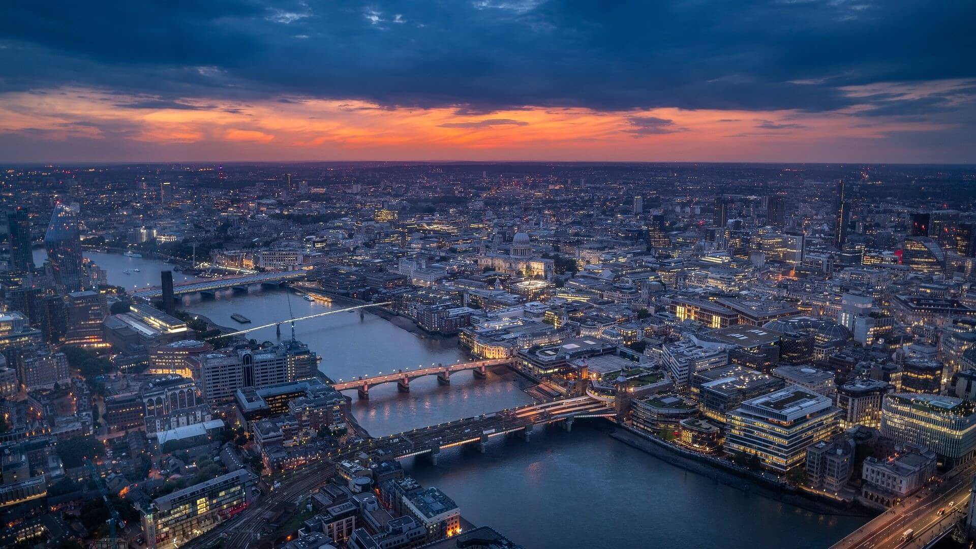Aerial view of sunset over London