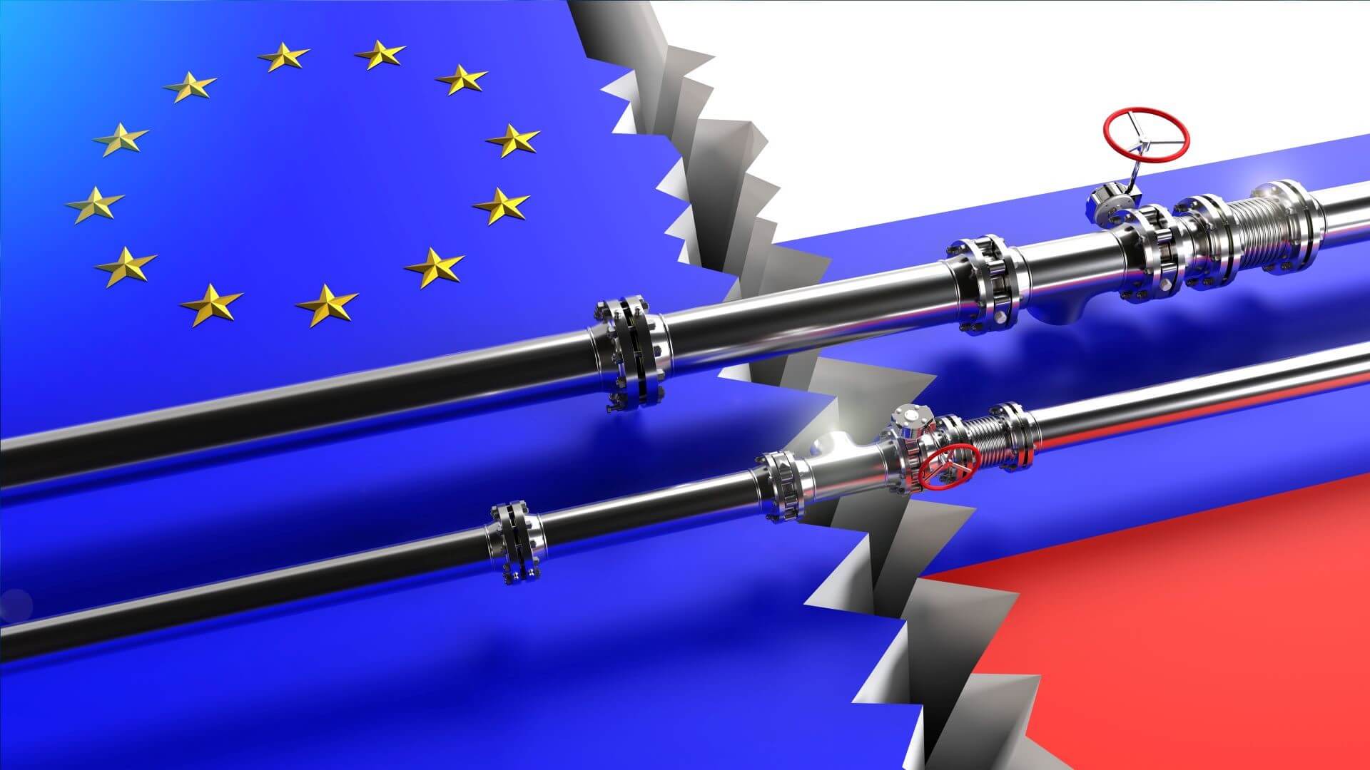 Graphic of European Union flag to left split from Russian flag to right, with pipelines and crossing between the two