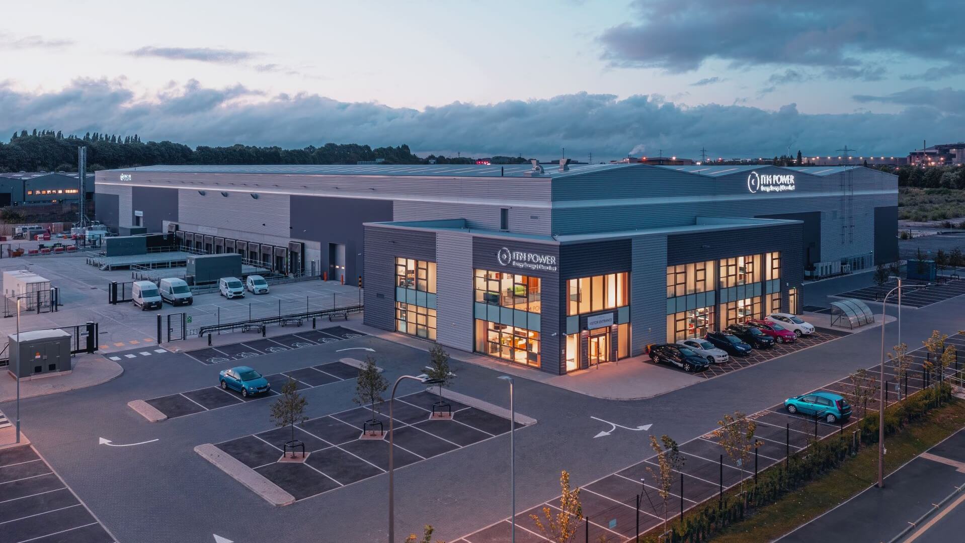 Aerial view of the exterior of ITM Power’s new ‘Gigafactory’ electrolyser manufacturing facility in Sheffield