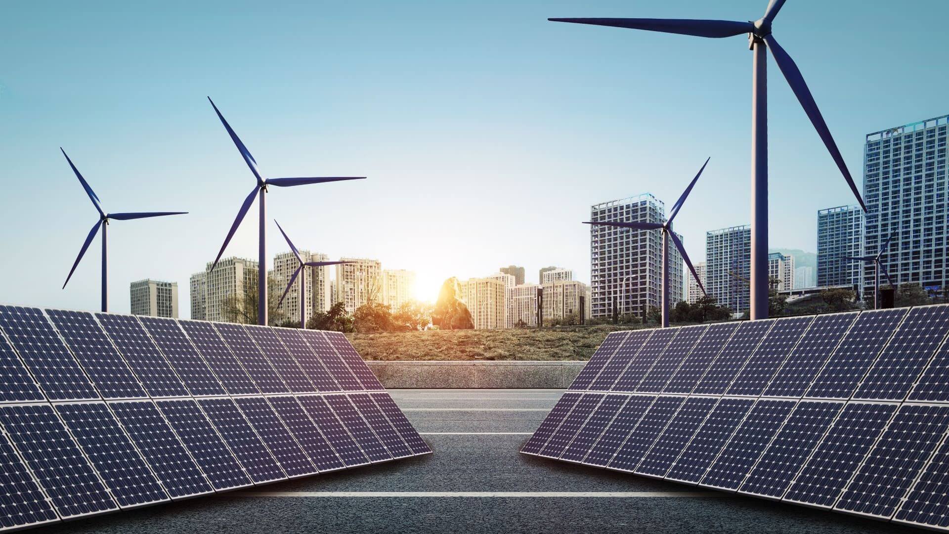 Wind turbines and solar panels in a city