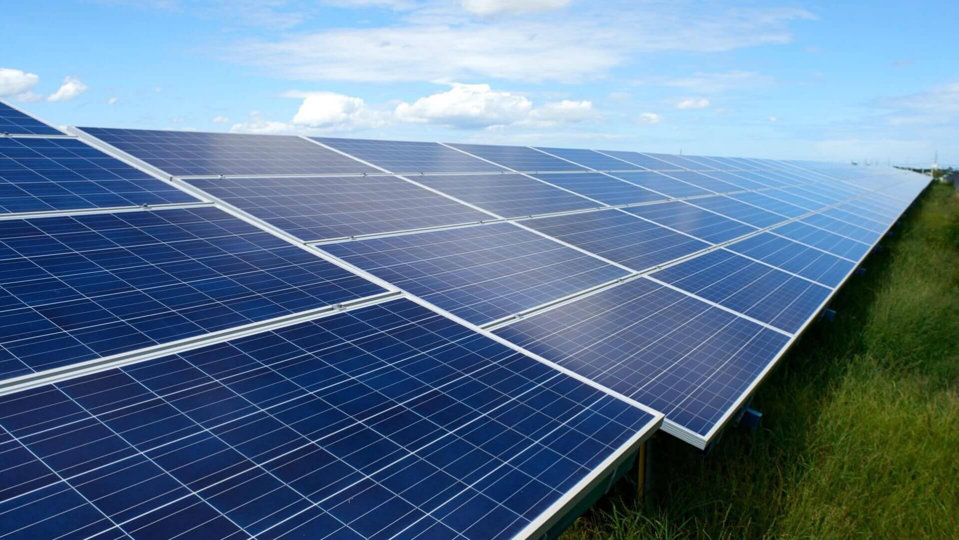 A line of solar panels with blue sky visible in the background 