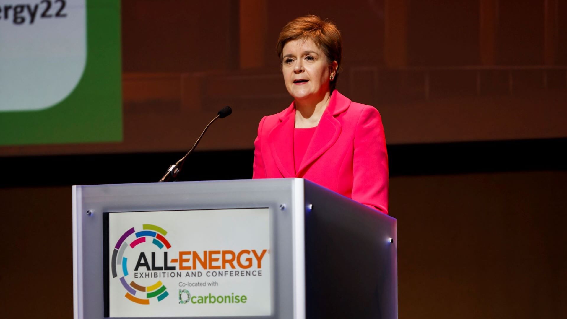 Scotland’s First Minister Nicola Sturgeon speaking from behind a lectern at the All-Energy Conference 2022