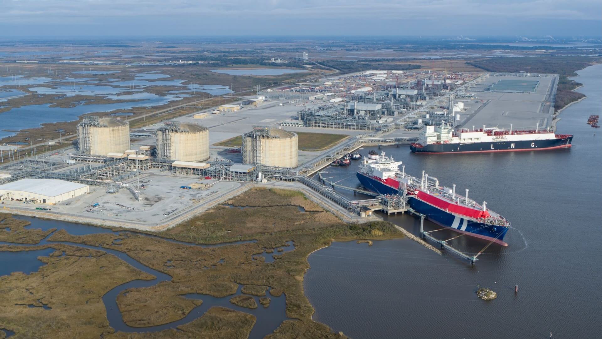 Aerial view over Cameron LNG natural gas liquefaction and export facility