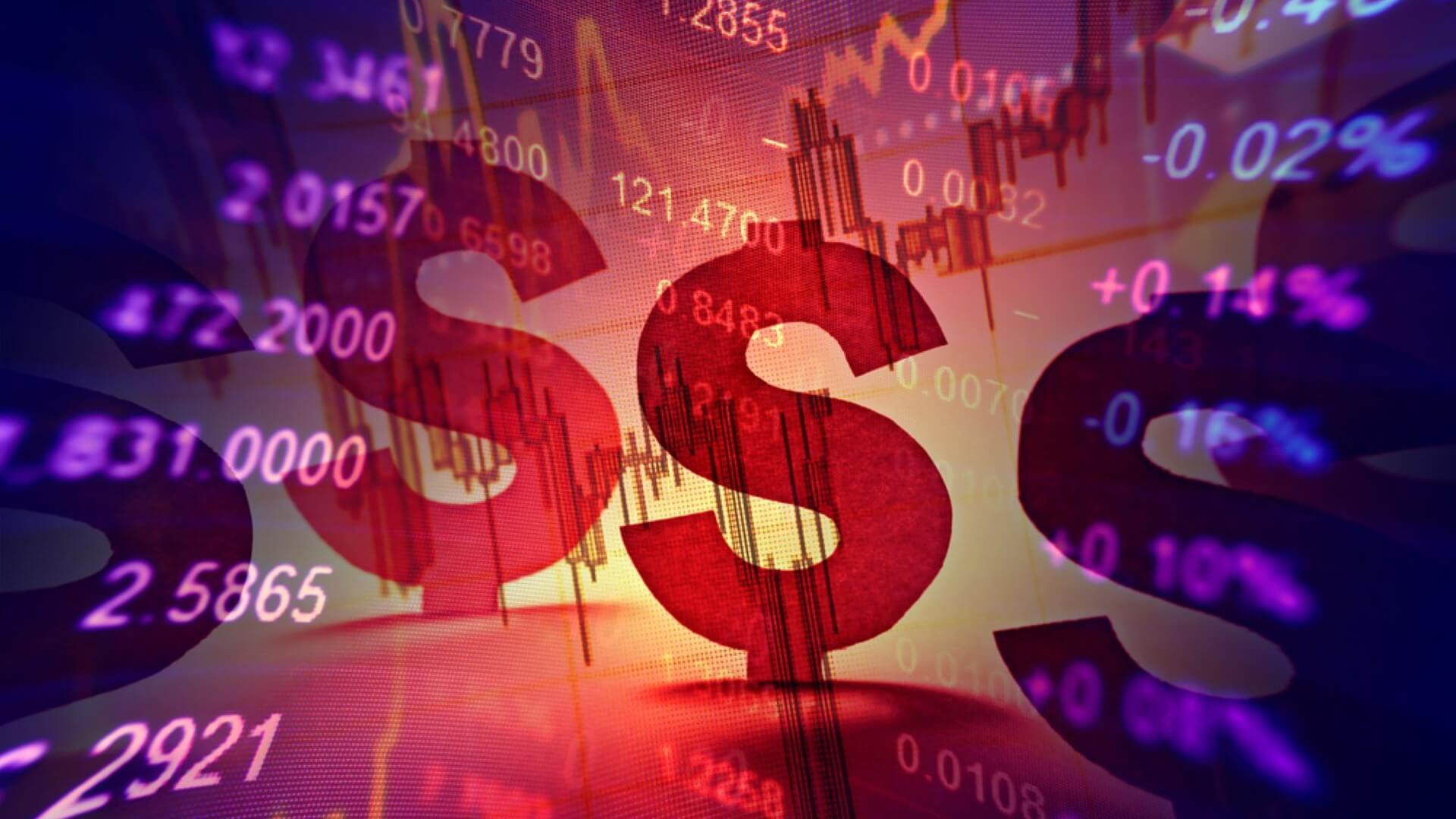 Graphic of red and purple dollar signs with trading figures in the background