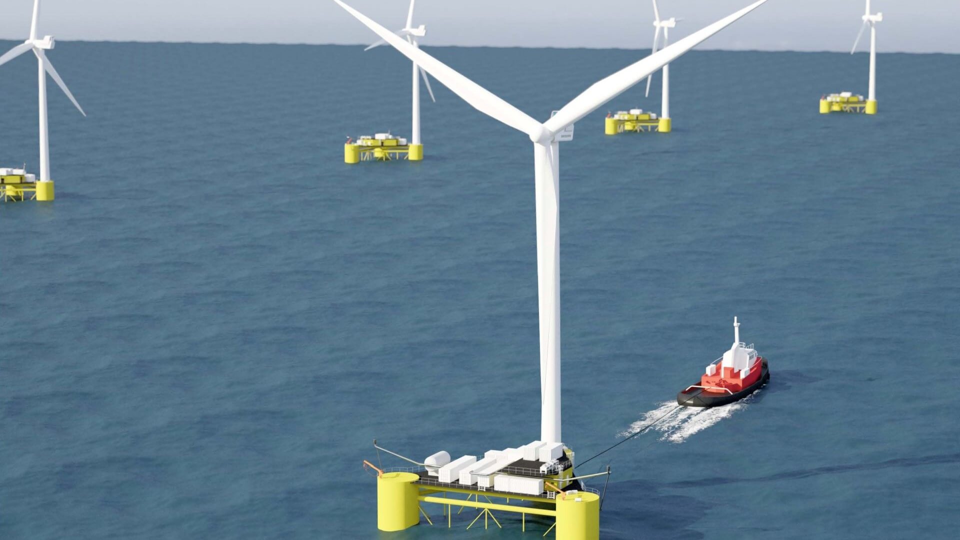 Sea support vessel steering away from floating offshore wind turbine with other floating turbines in distance