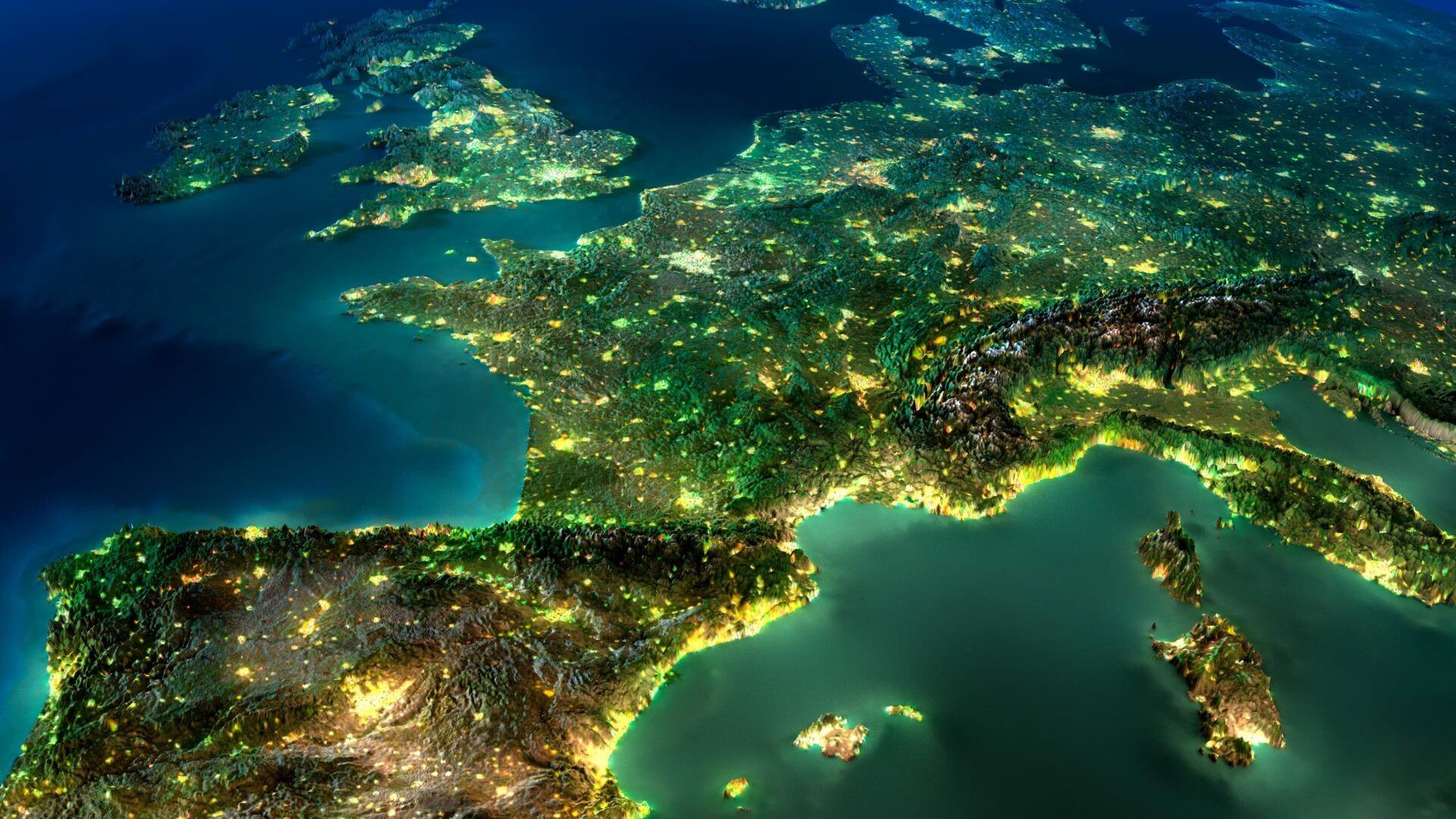 View of Europe from space, showing large cities lit up at night