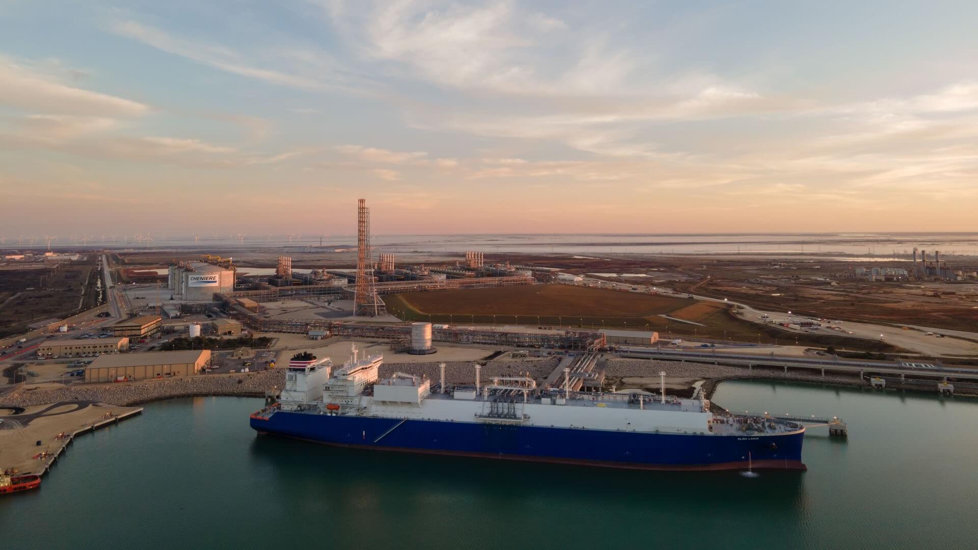 Aerial shot of Corpus Christi terminal with LNG vessel docked