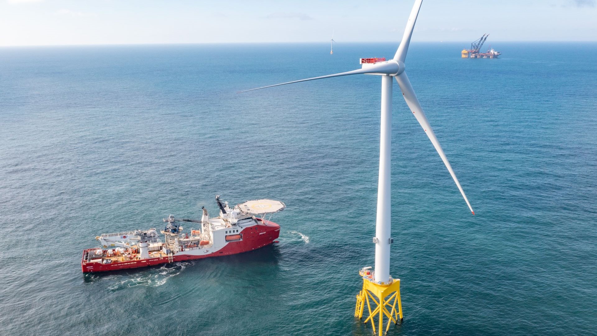 Turbine and support vessel at the Seagreen wind project