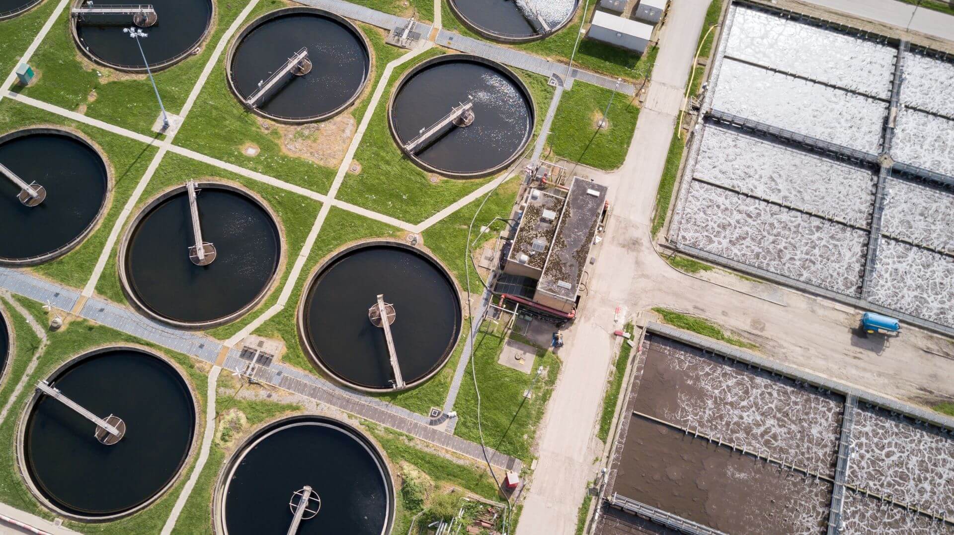 Arial view over wastewater treatment plant