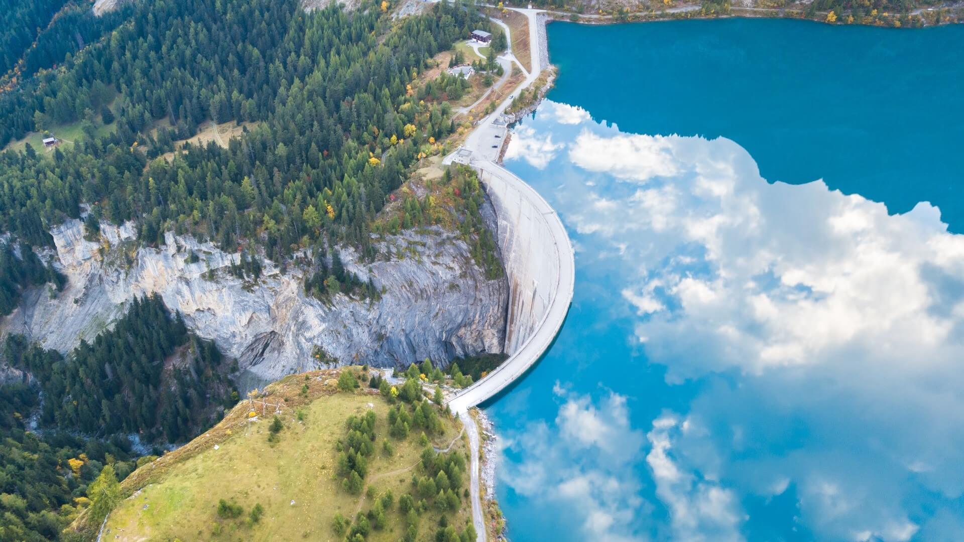 Arial view over Swiss hydroelectric dam