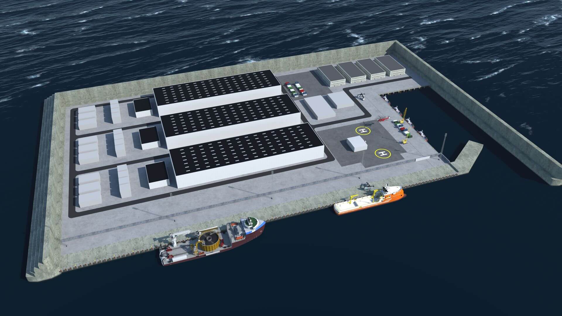 Artist's impression of a proposed energy island, showing an aerial view with two tankers alongside the floating energy hub