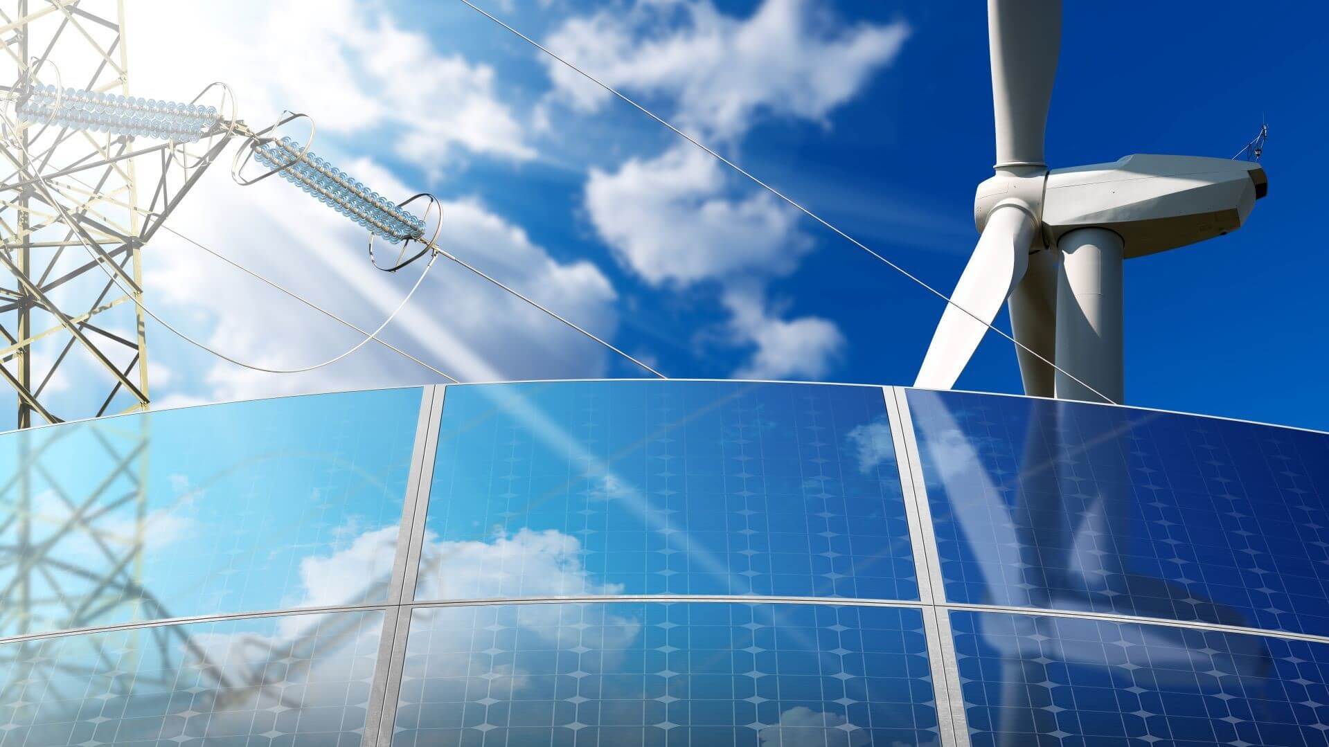 Pylon, solar panel and wind turbine against a blue sky