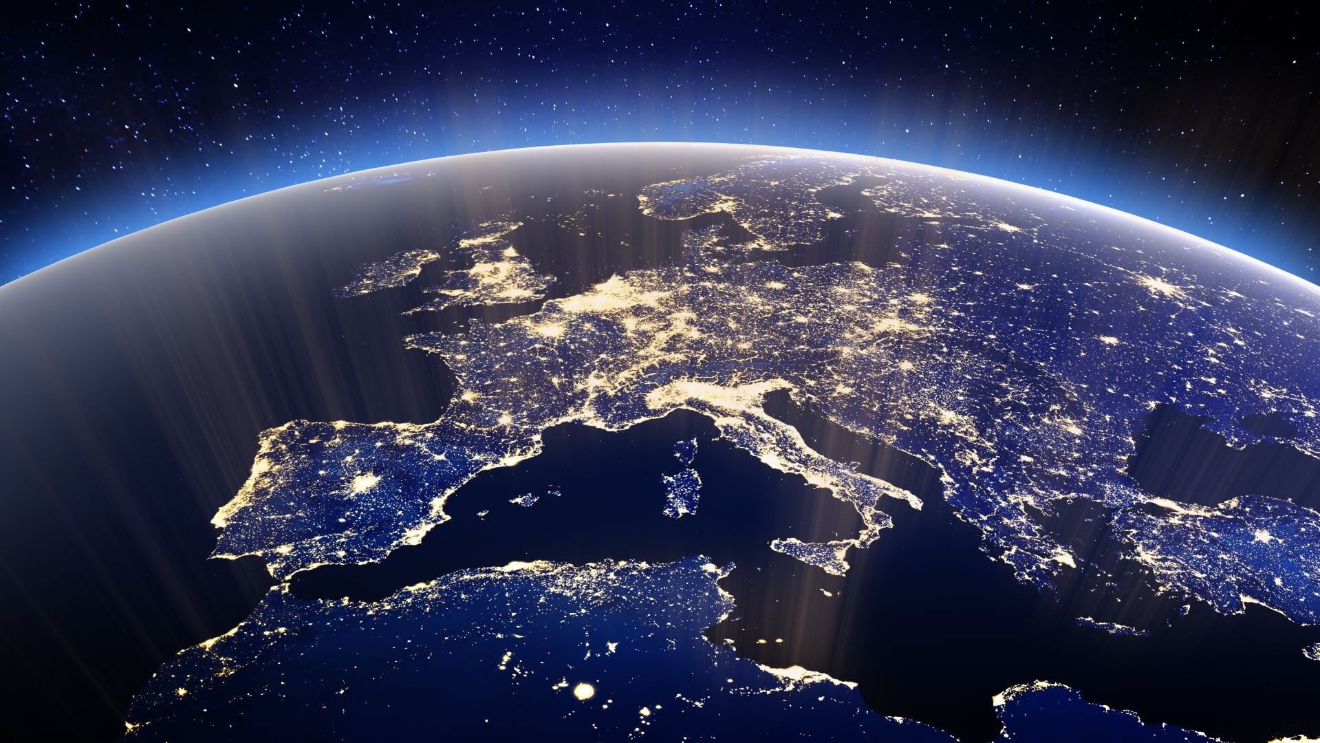 Image of top of world focused on Europe and showing bright lights of industrialisation