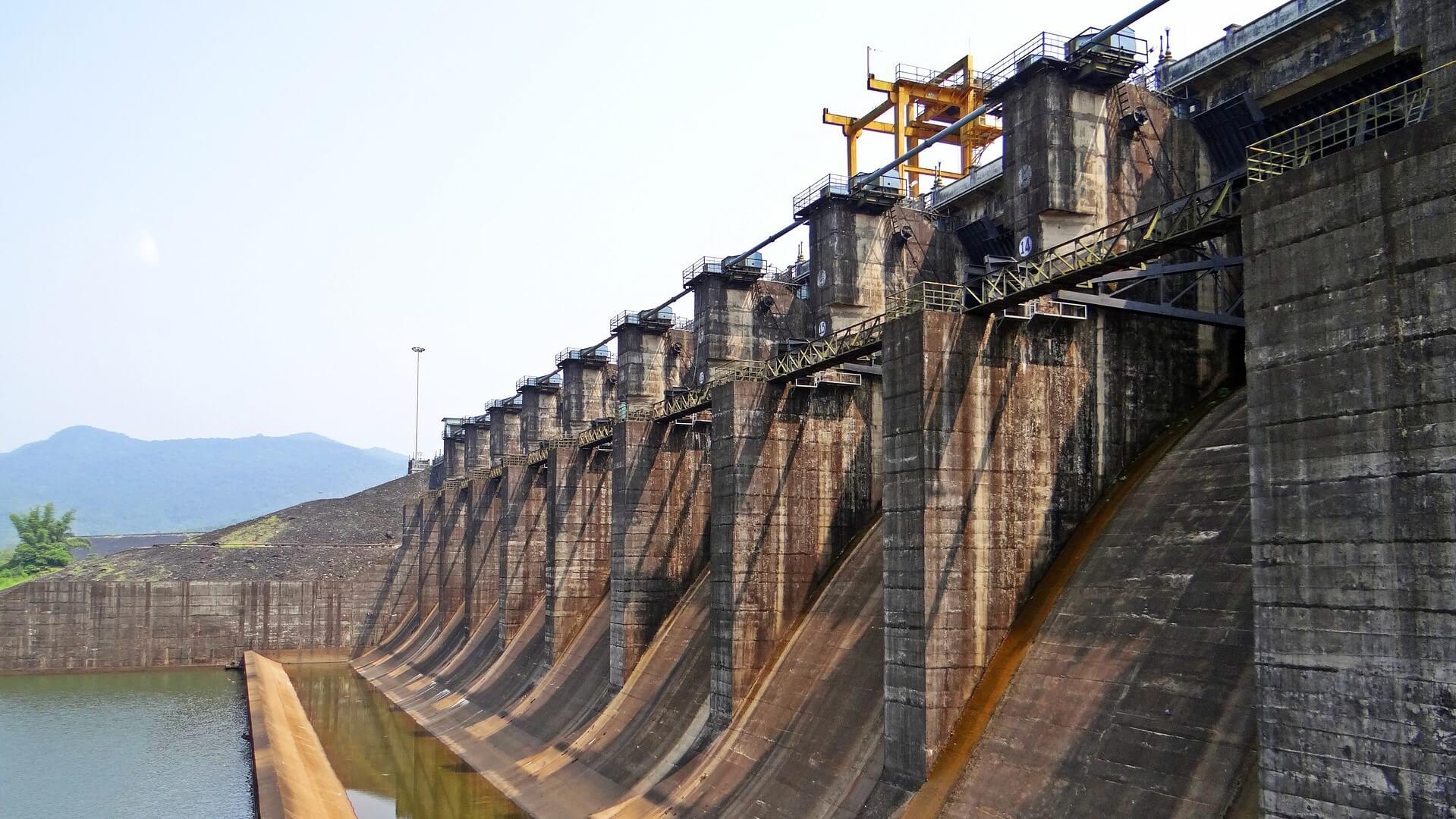 View along retaining wall of hydopower dam in India