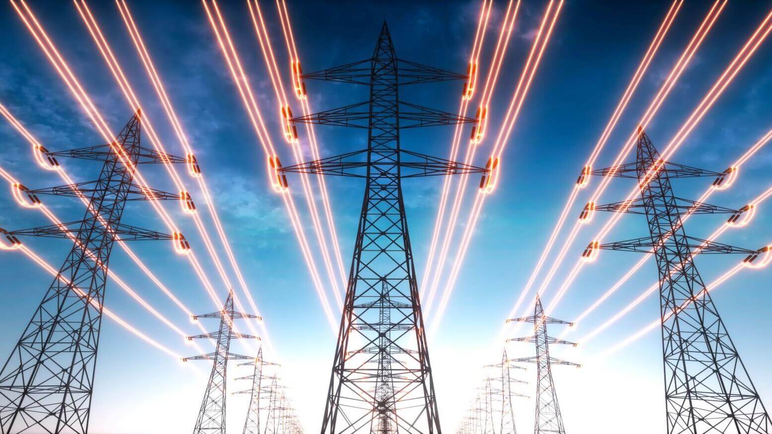 Graphic of a group of pylons with glowing cables connecting them