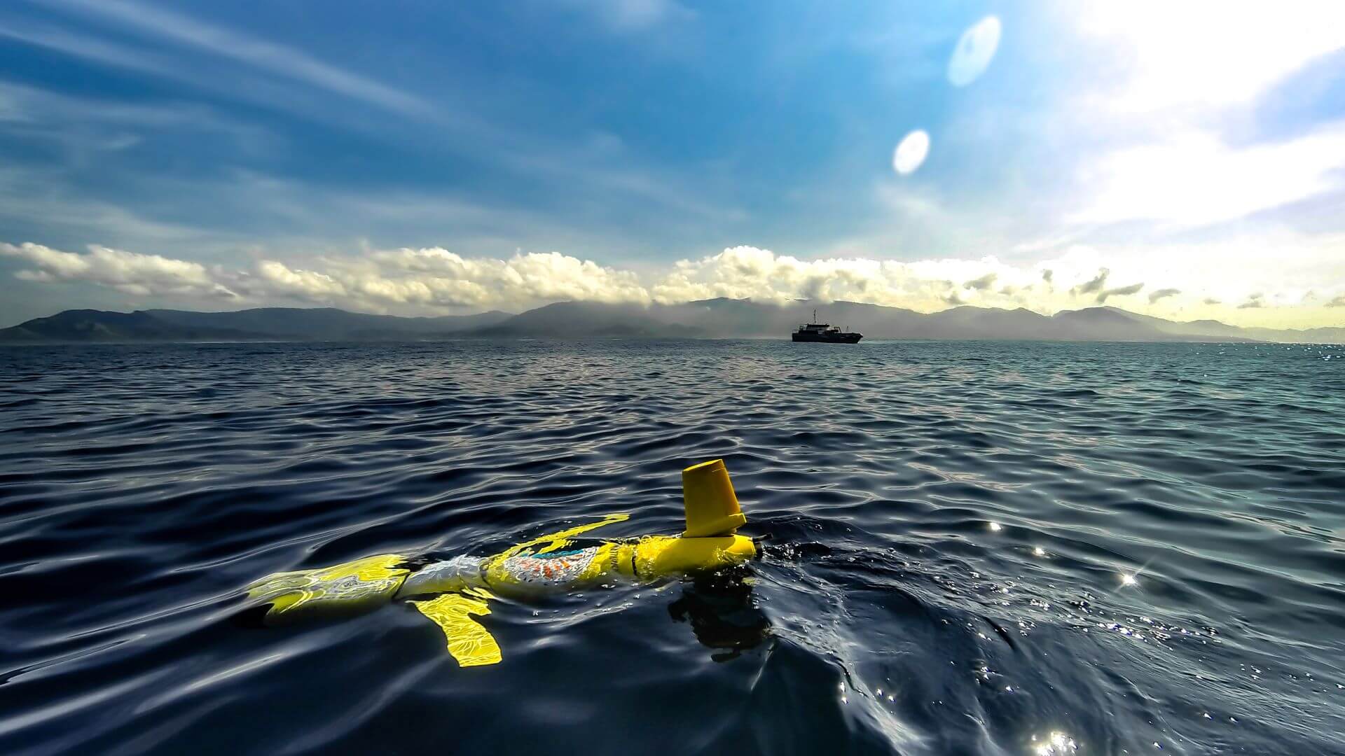 Ocean monitoring equipment floating just under sea surface, with blue skies above
