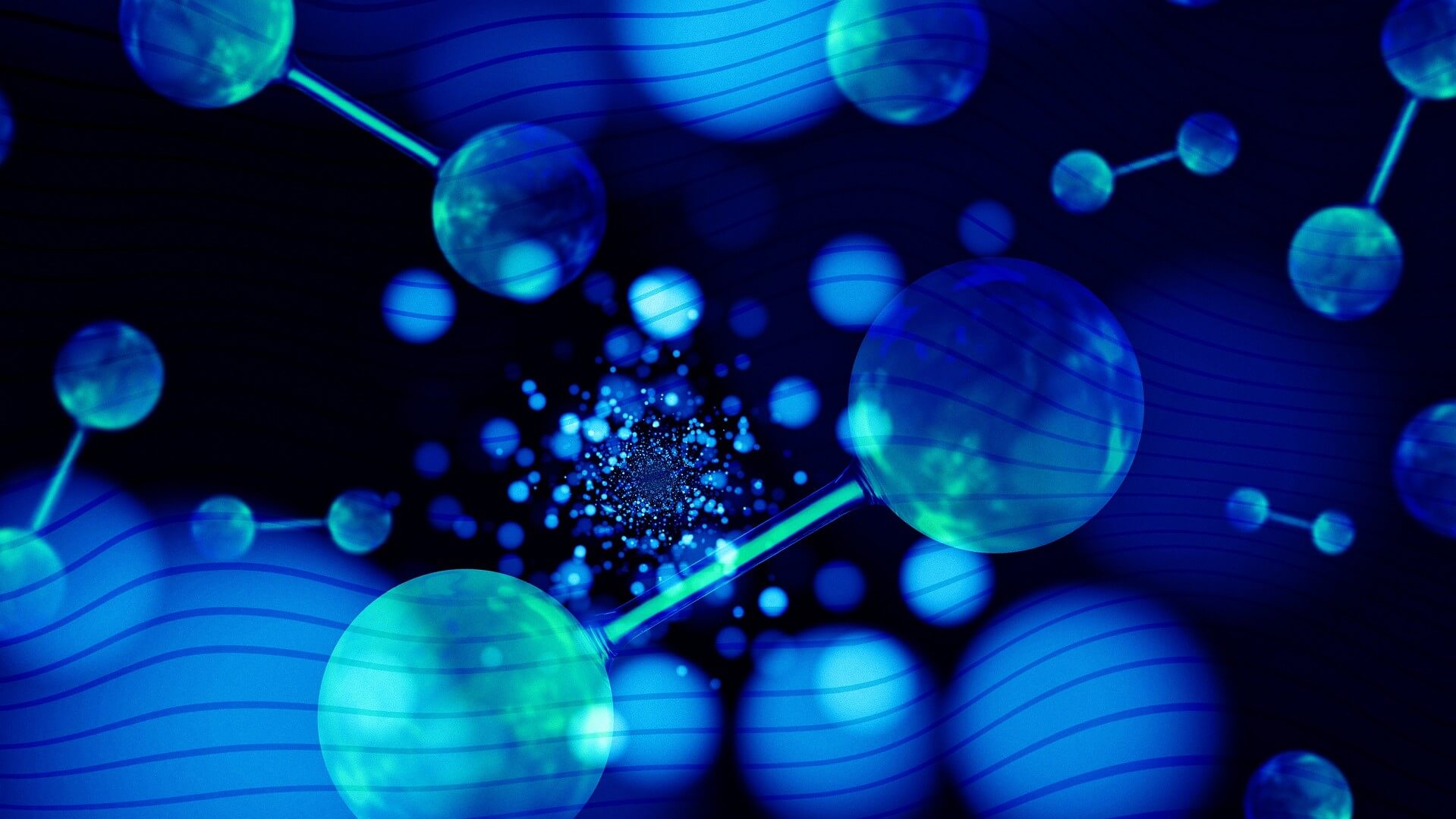 Graphic of blue coloured hydrogen molecules floating against dark background