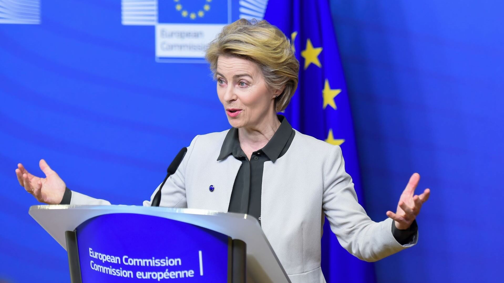 EC President Ursula von der Leyen at a podium