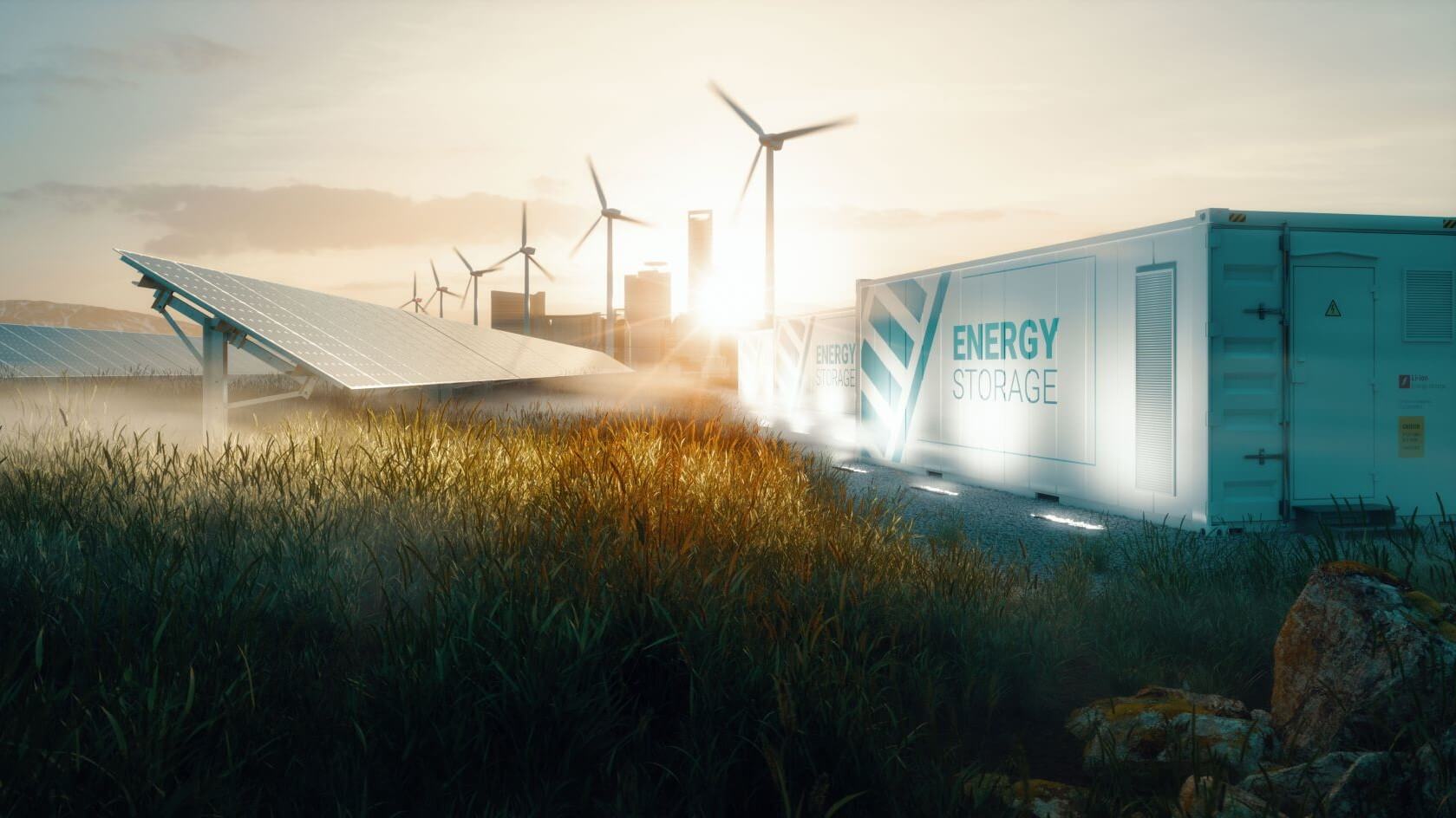 Wind turbines, solar panels, energy storage facility, all in a sunlit field