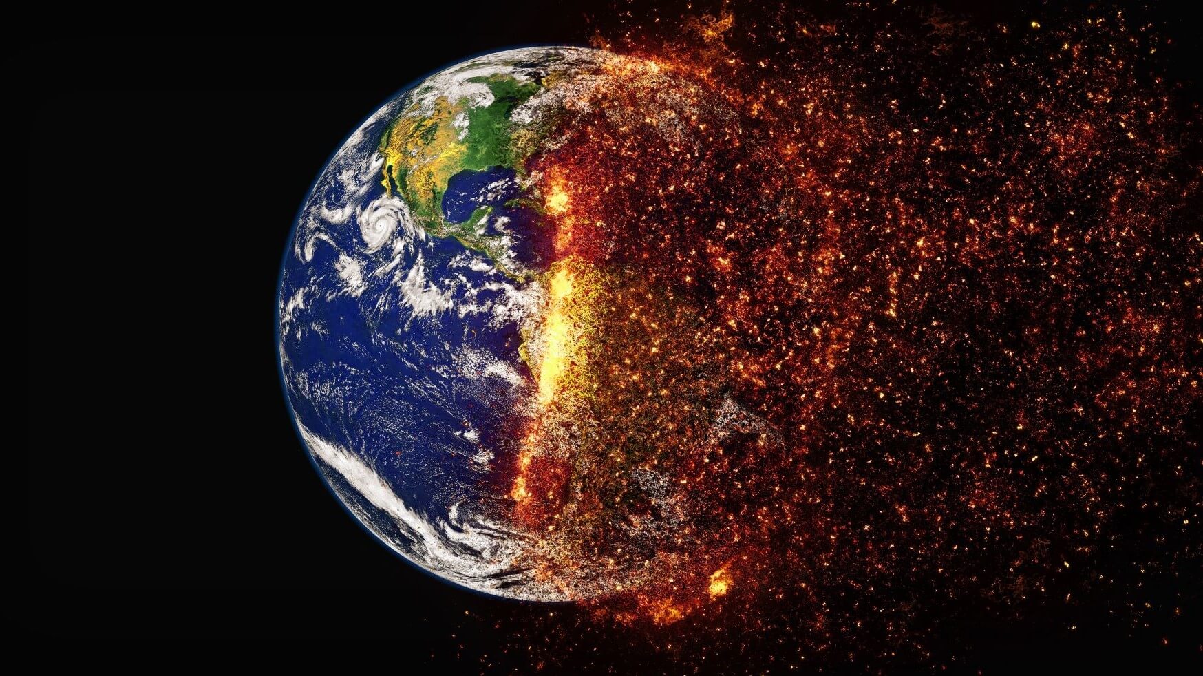 Image of earth from space, with half planet on fire