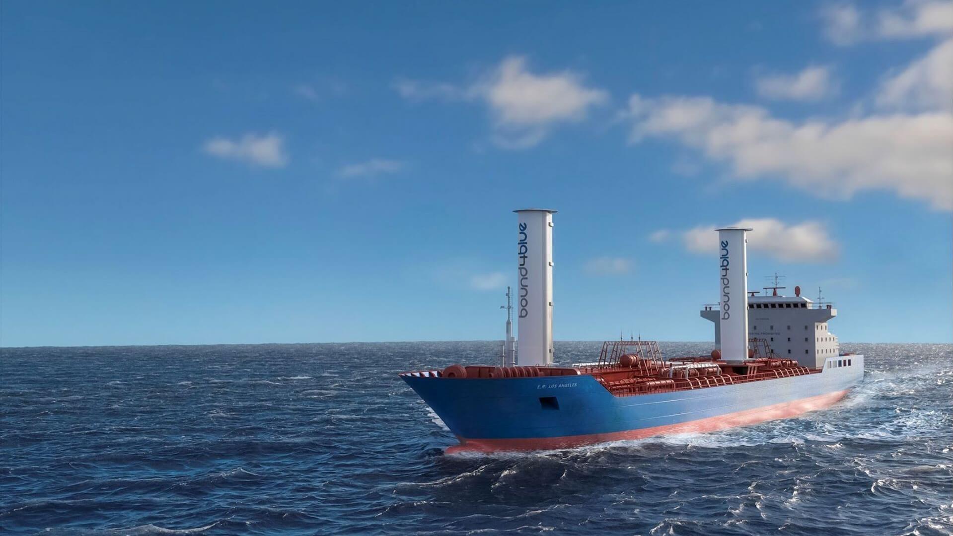 Artist's impression of new vessel concept with 2 rigid sails onboard ship sailing on sea