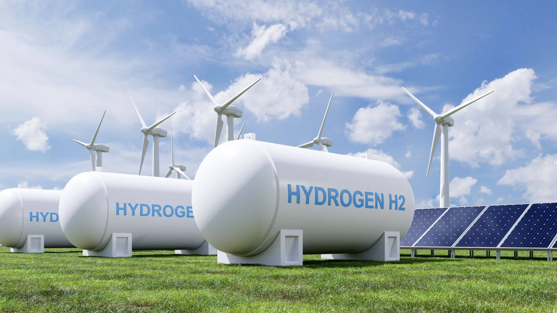 Artist's graphic showing row of hydrogen storage tanks, with solar panels and wind turbines lined up behind