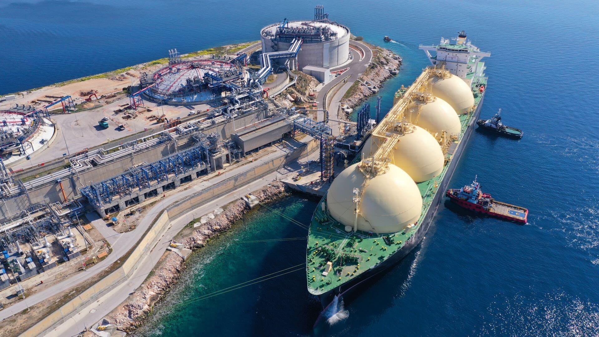 Aerial shot of LNG ship docked at terminal in Greece