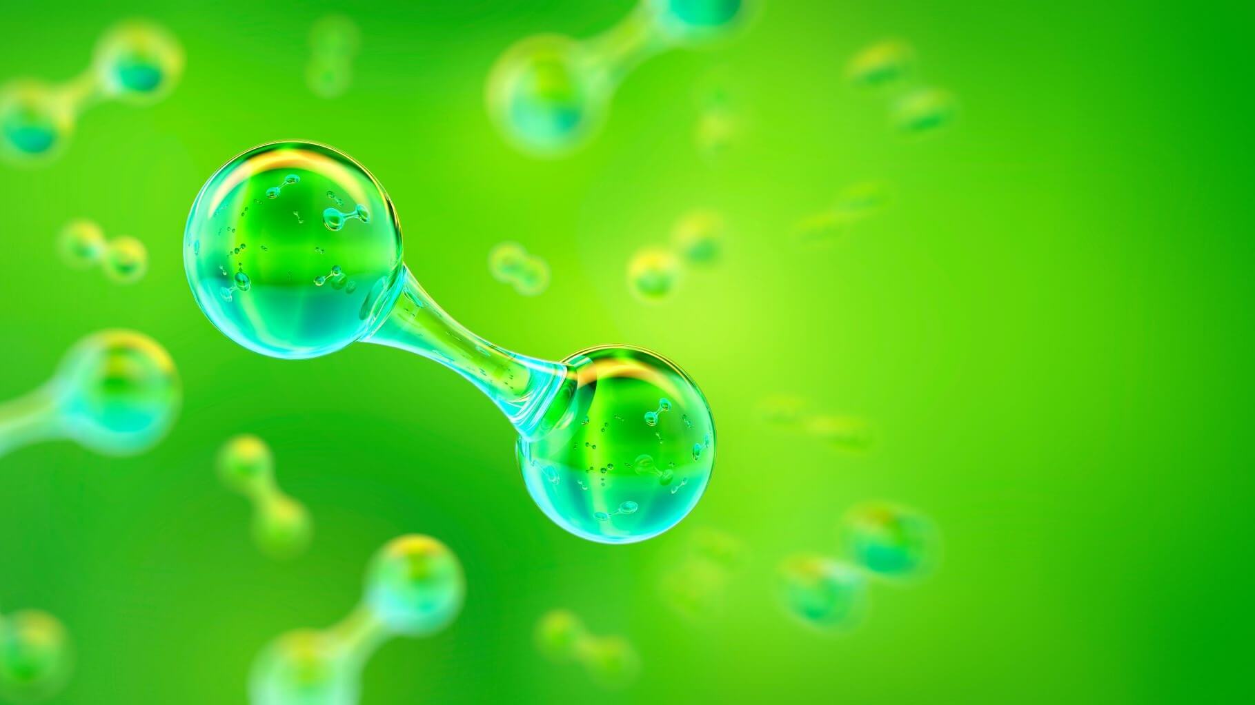 Graphic of a green coloured hydrogen molecule floating against a green background