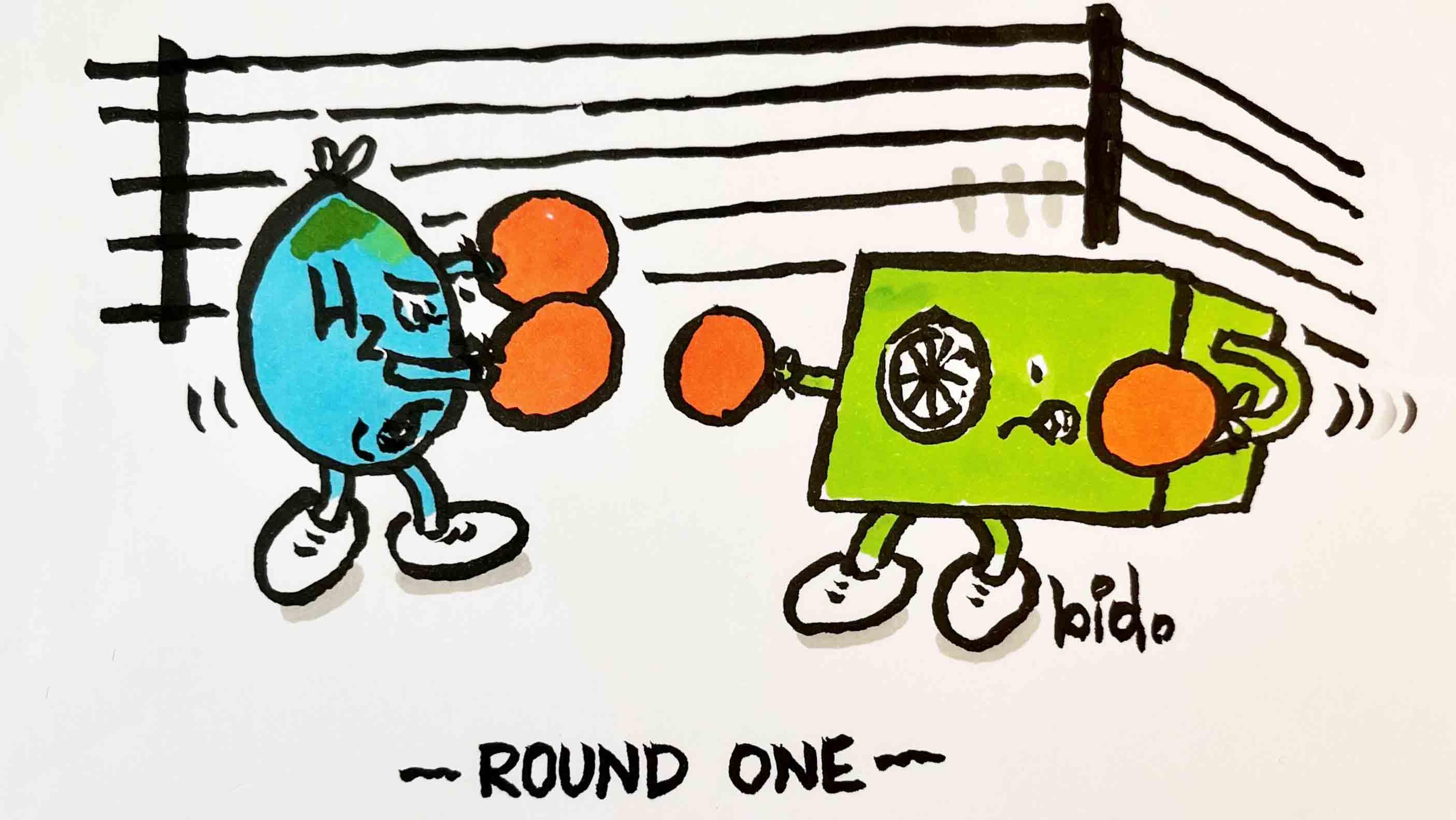 Cartoon of a hydrogen molecule in the form of a blue teardrop shape wearing boxing gloves in a boxing ring and fighting a green heat pump