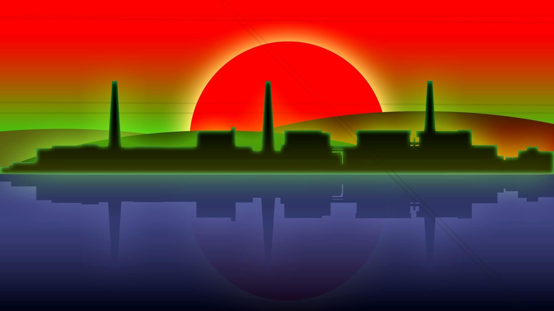 Stylised graphic of black industrial buildings silhouetted against red sun and sky and reflected in still, dark blue water