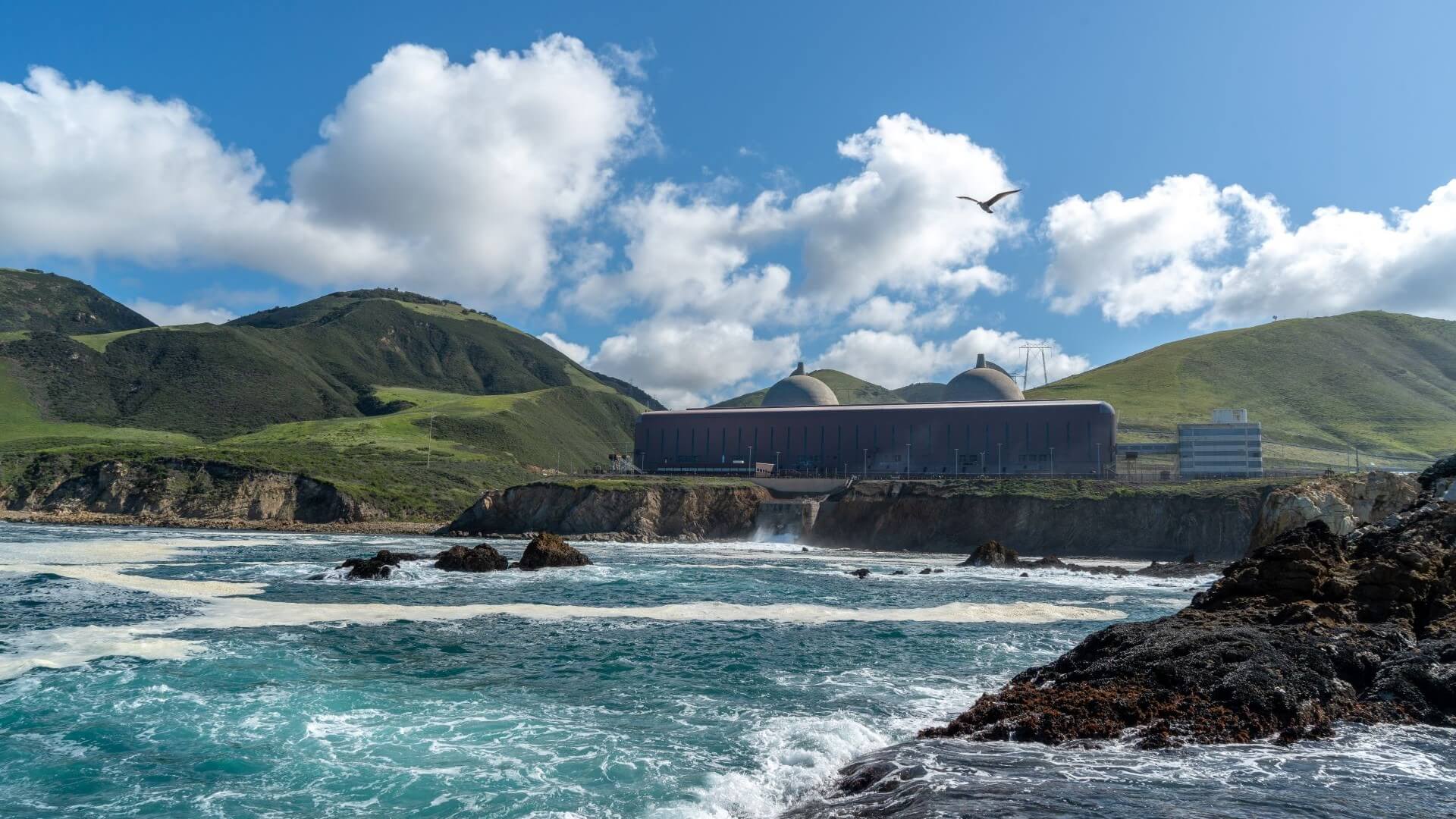 Exterior view of the Diablo Canyon power plant on coastline