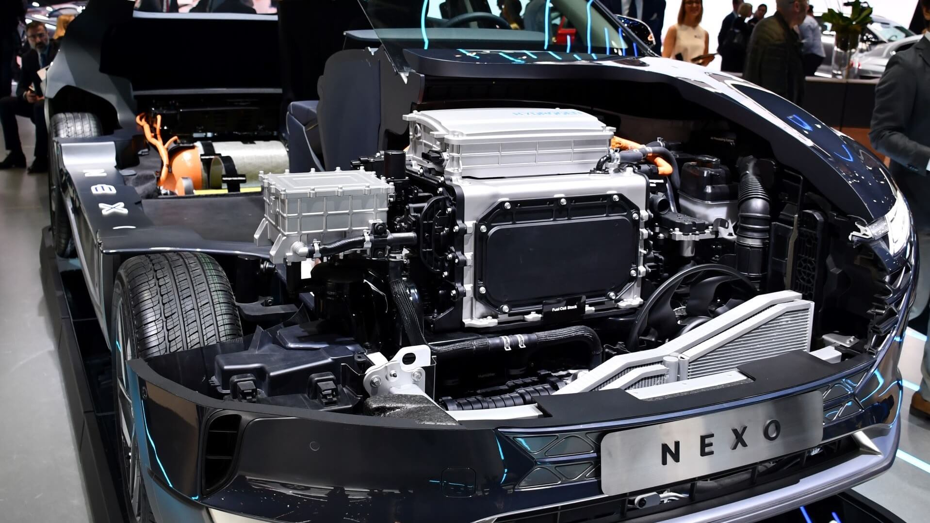 Hyundai NEXO hydrogen fuel cell car with bonnet raised to show close up of engine