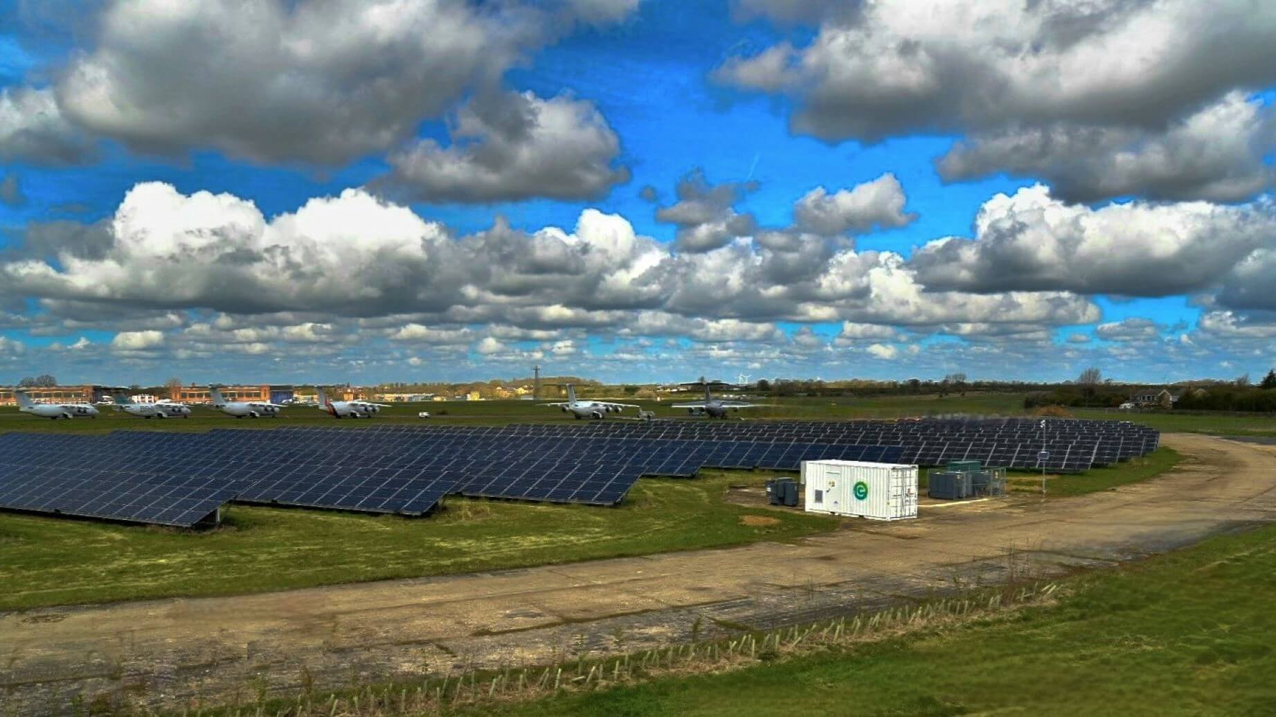 Aerial view over solar farm battery energy storage system at Cranfield University