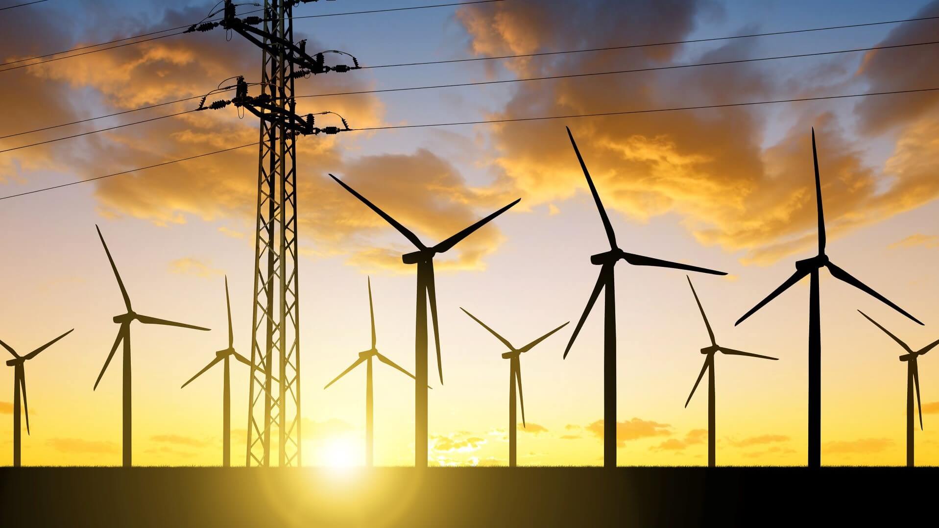 Wind turbines and power lines at dusk