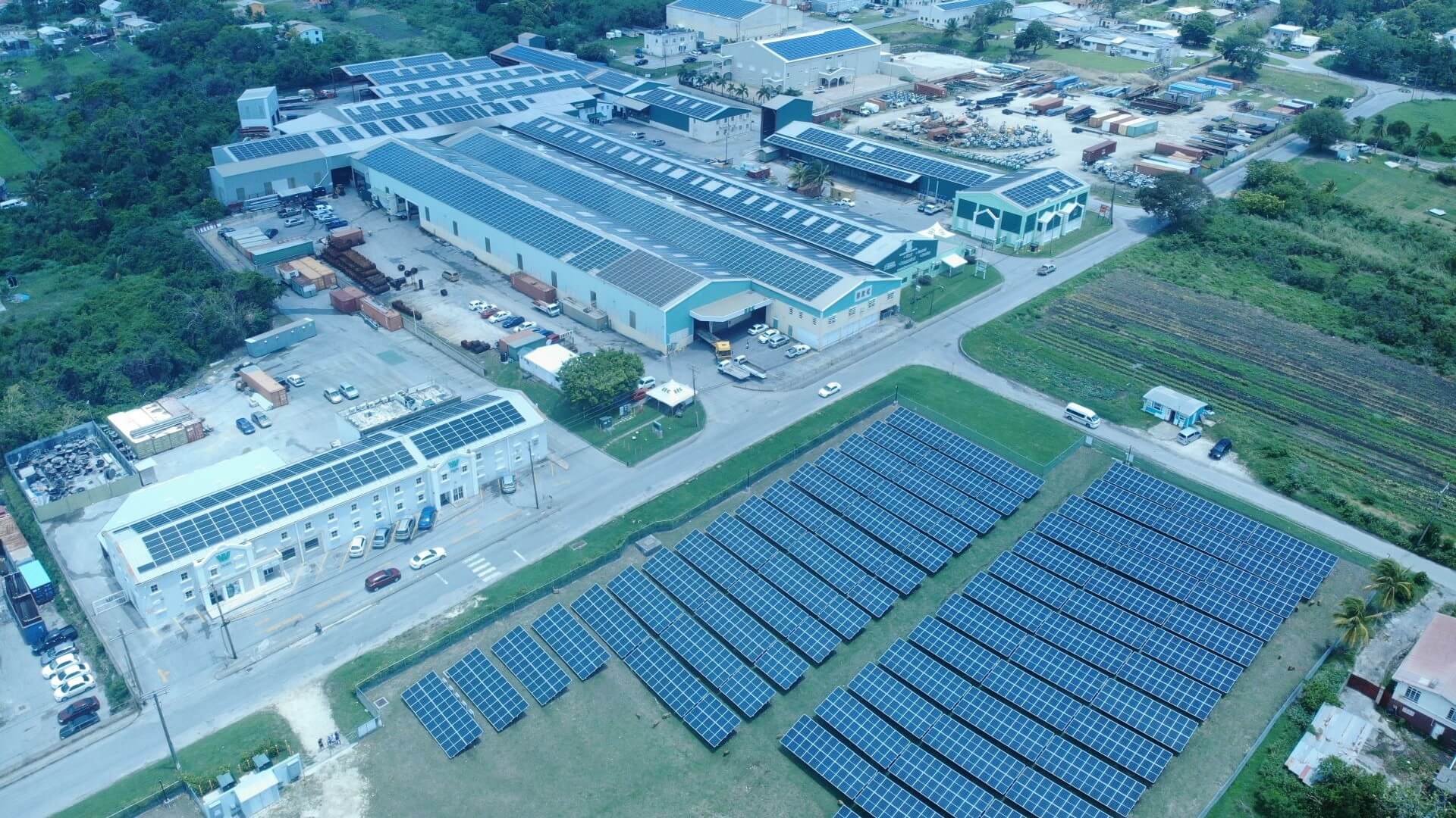 Aerial view showing solar panels in action at Williams Industries head office in Cane Garden, St Thomas