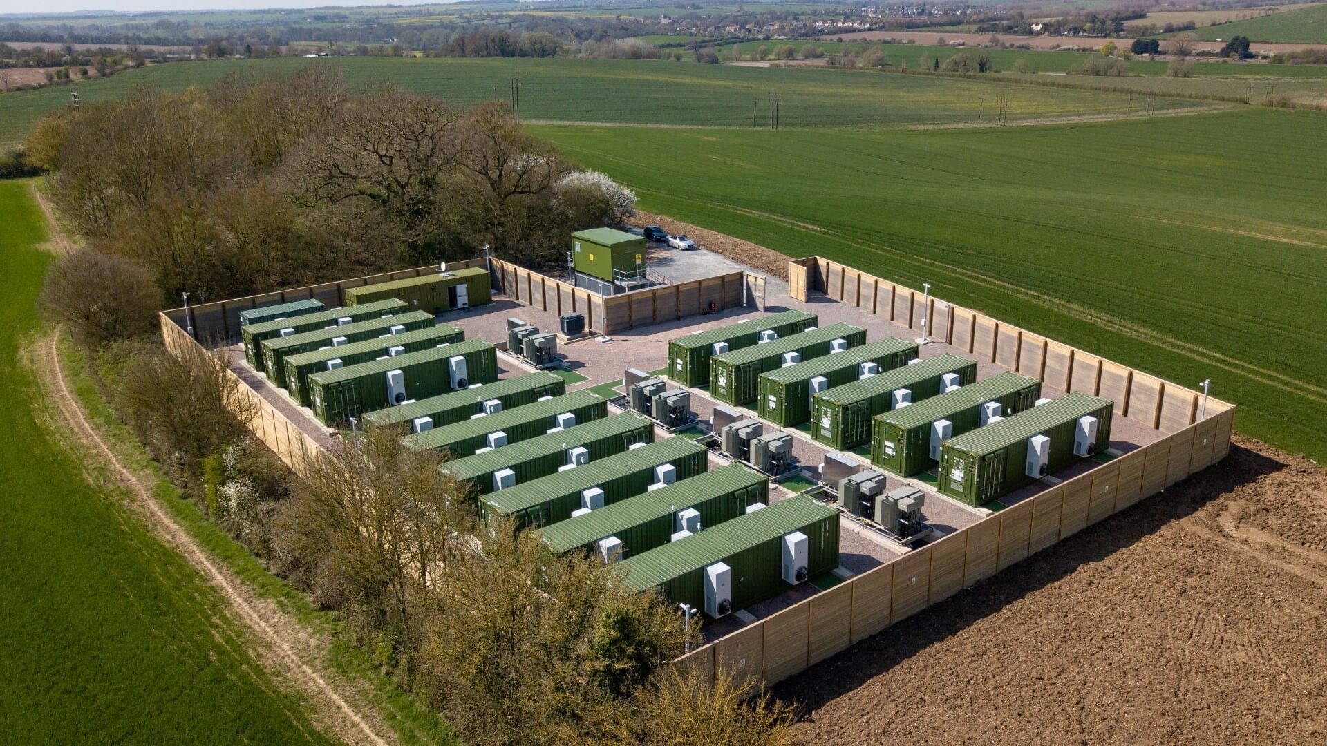 Aerial view of Capenhurst battery storage site amongst fields