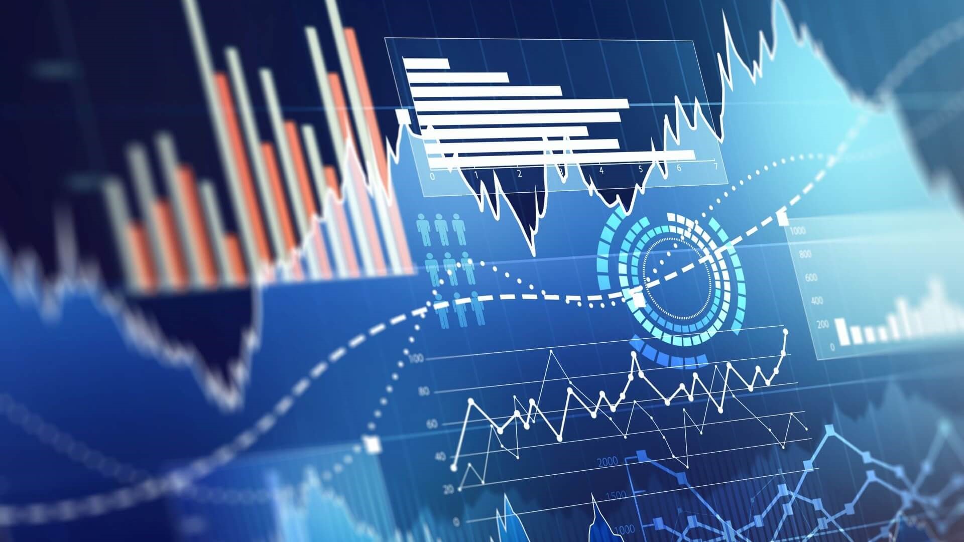 Computer generated graphic showing a variety of bar charts and graphs representative of forecasting
