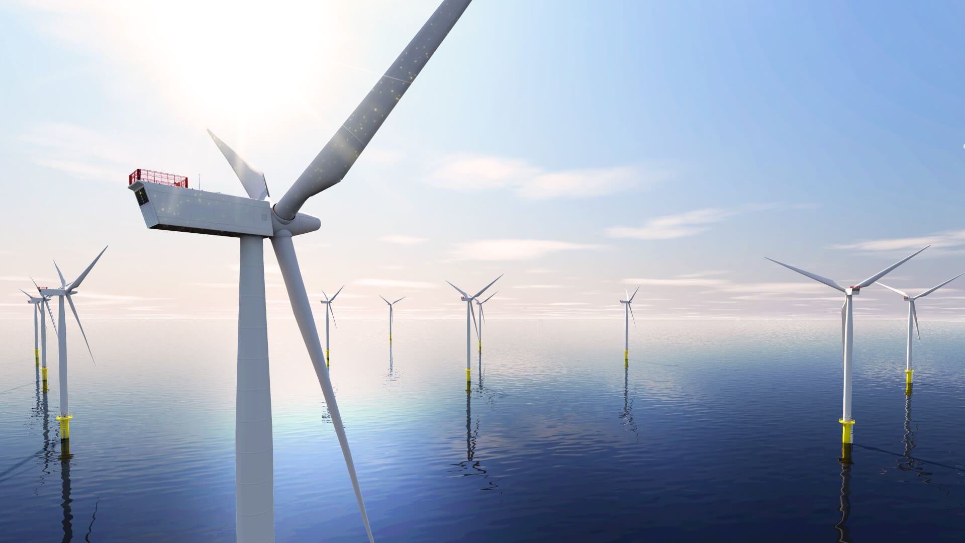 Artist's graphic showing offshore wind turbines on a calm sea