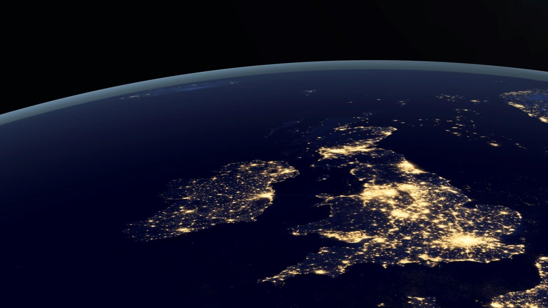 UK cities lit up at night, seen from space