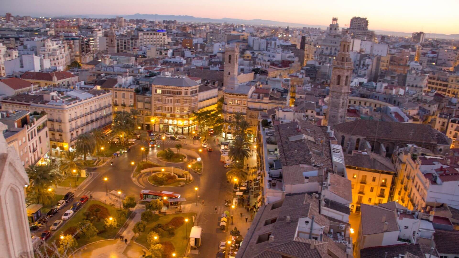 Aerial view of Valencia town at dusk