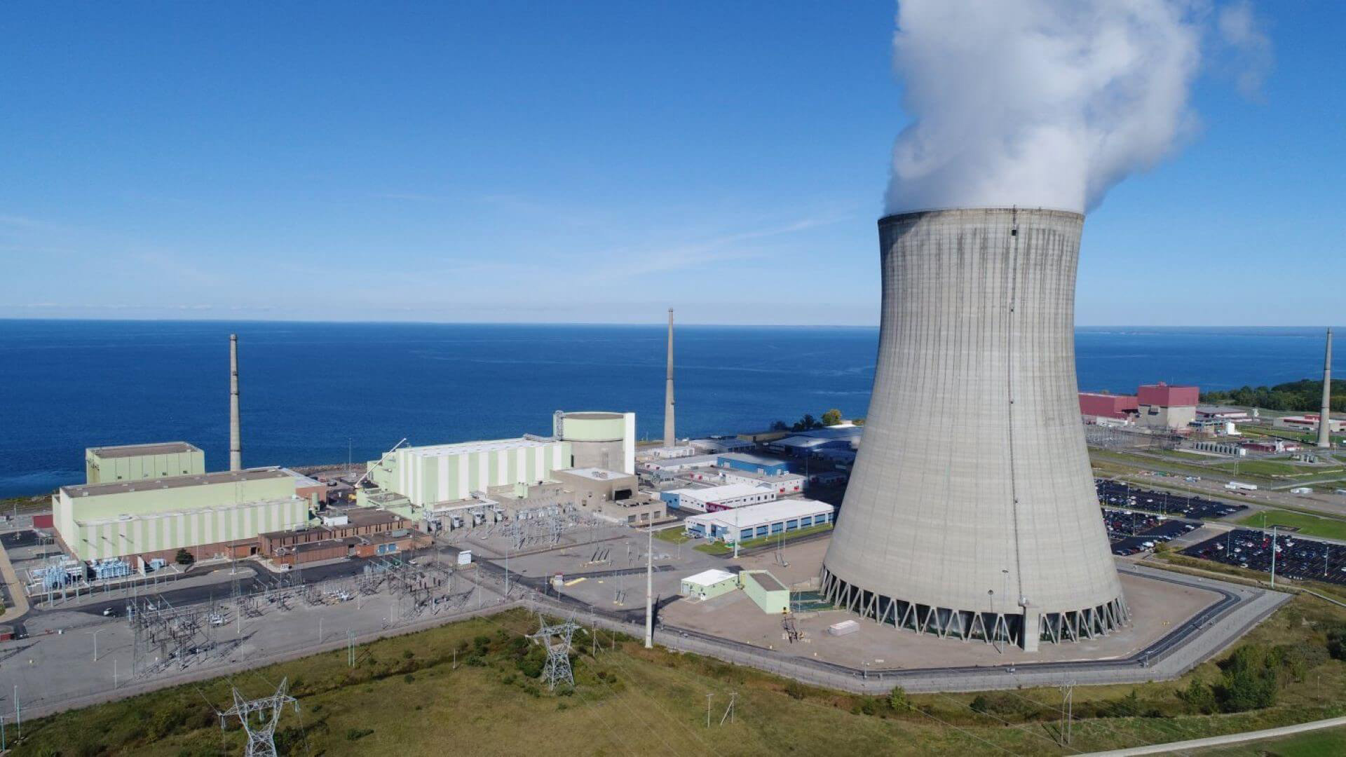 Aerial view of Nine Mile Point nuclear plant by coast