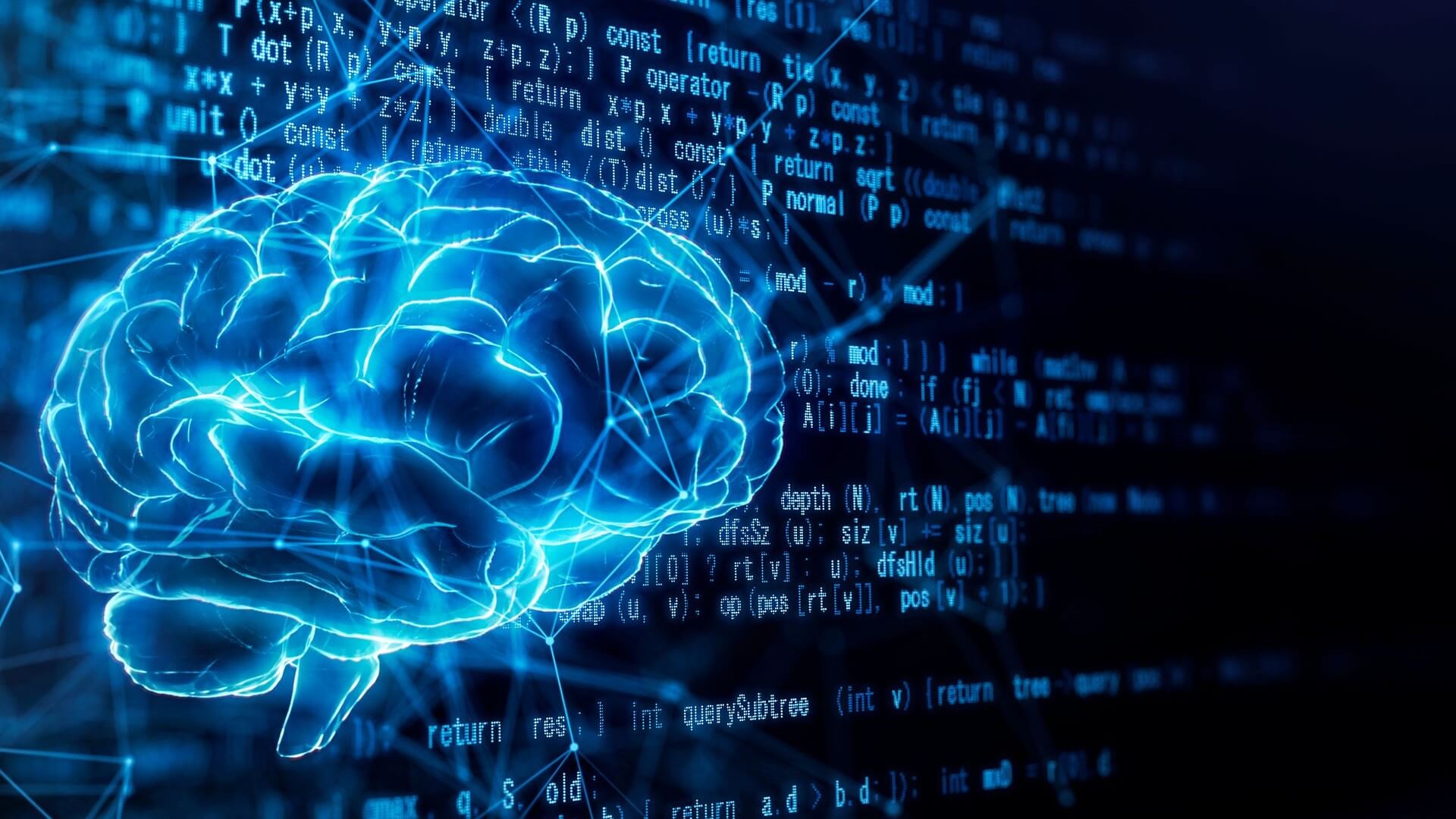 Computer generated image of brain lit up with blue edges and digital info in blue against black background